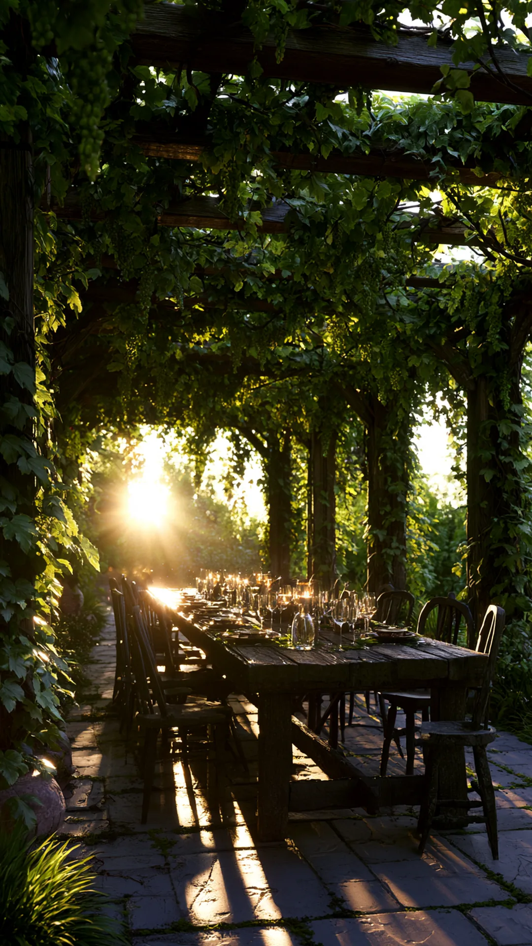 grapevine-draped pergola over a backyard patio dining table, photo 4 of 4