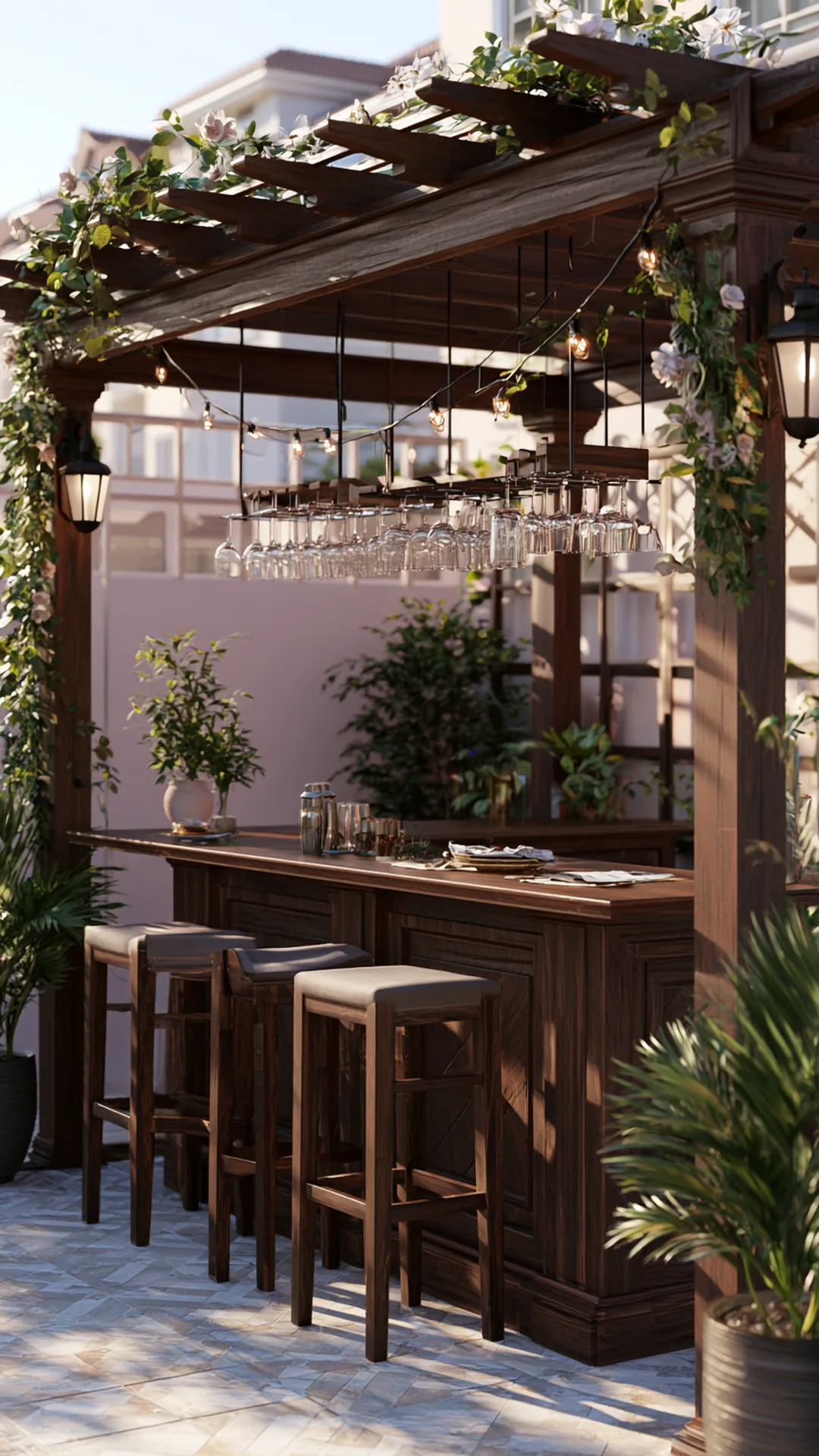 patio pergola with a built-in outdoor bar counter and stools, photo 1 of 4