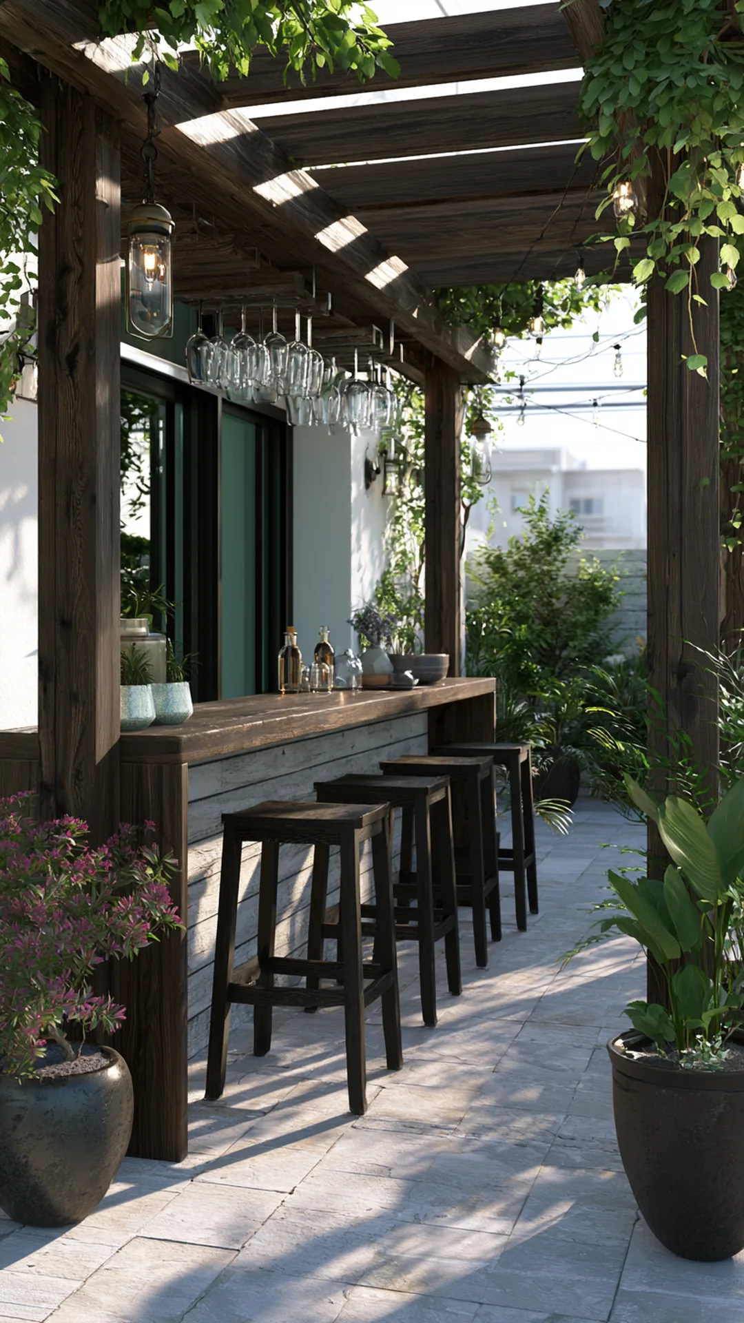 patio pergola with a built-in outdoor bar counter and stools, photo 2 of 4