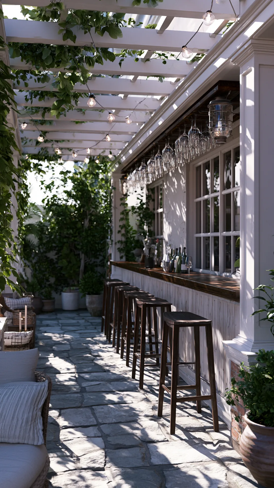 patio pergola with a built-in outdoor bar counter and stools, photo 3 of 4
