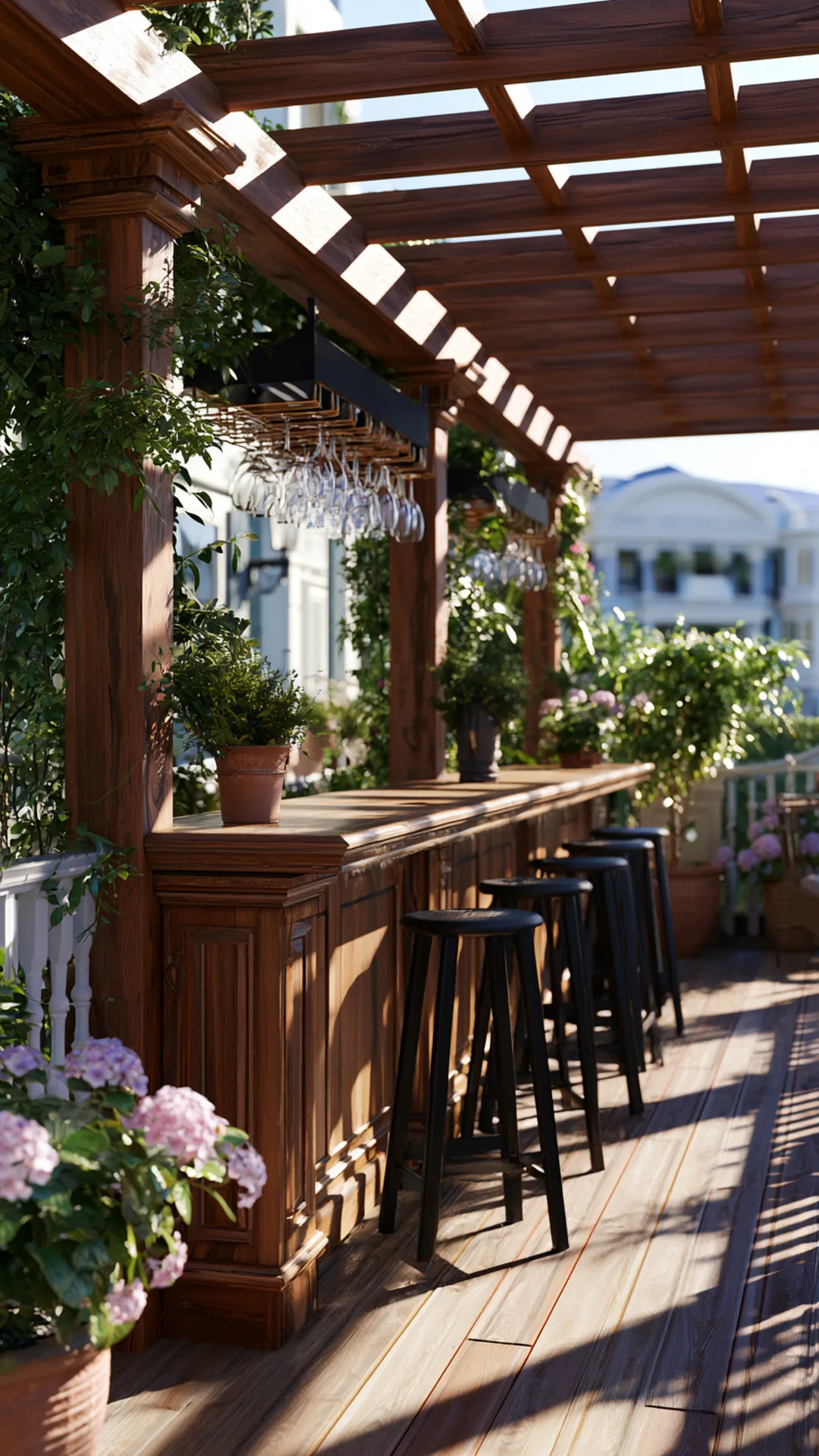 patio pergola with a built-in outdoor bar counter and stools, photo 4 of 4