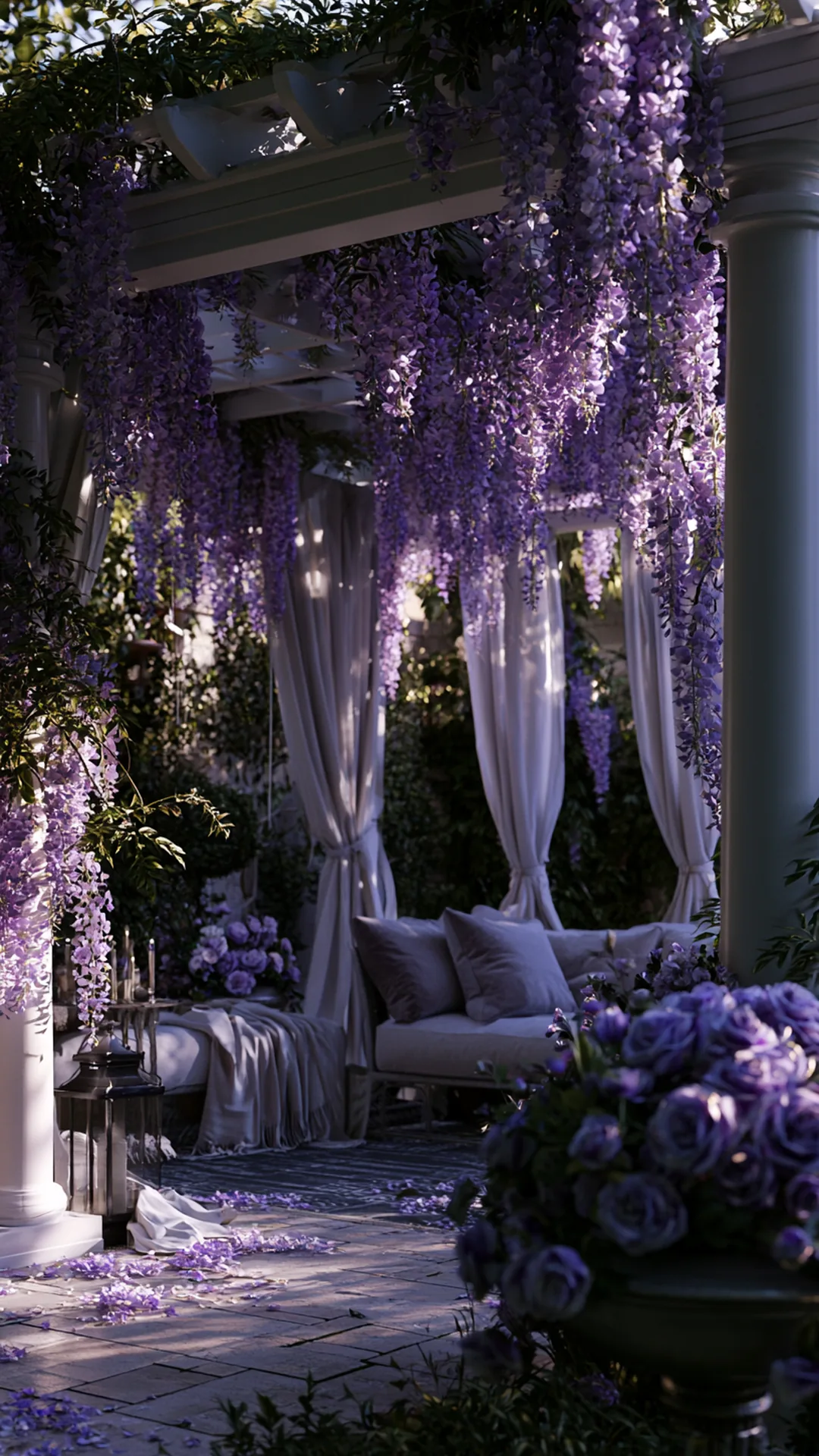 wisteria-covered pergola with purple spring blooms over a patio, photo 1 of 4