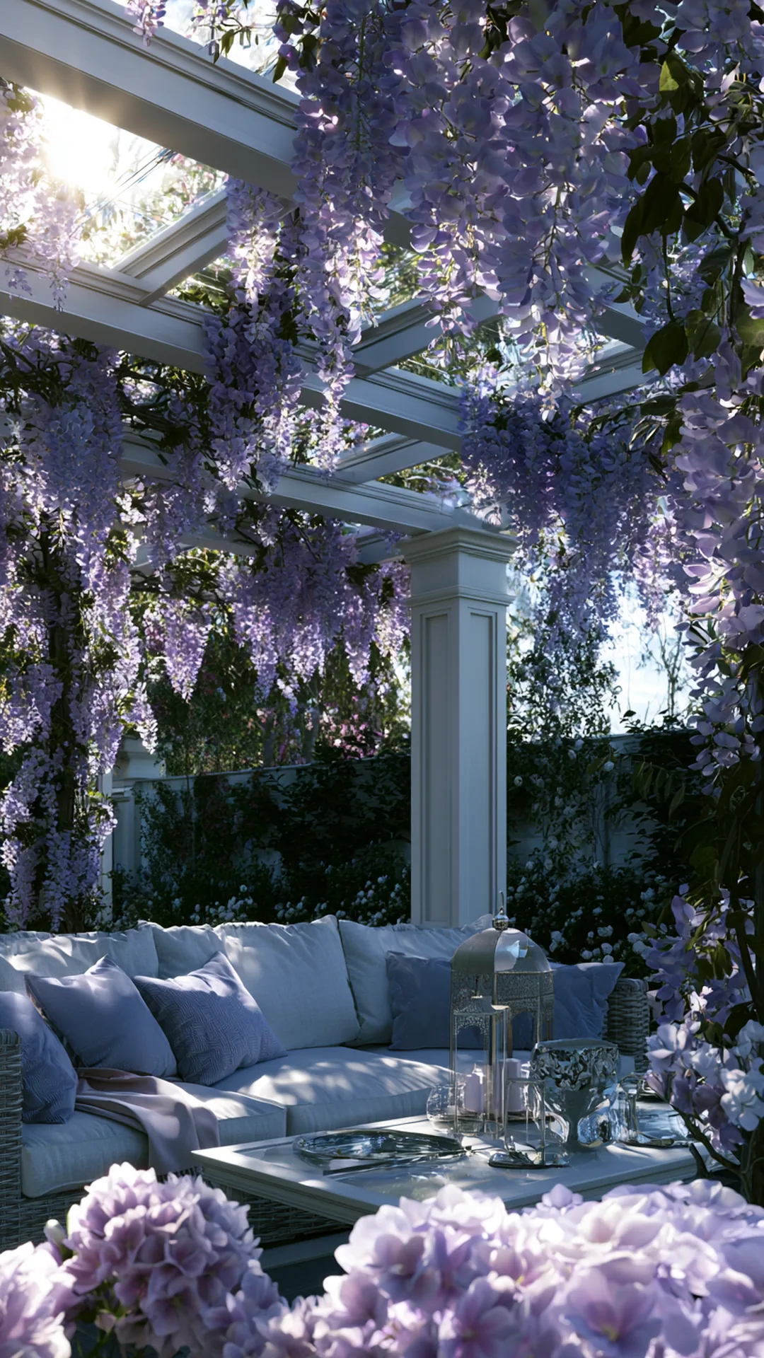 wisteria-covered pergola with purple spring blooms over a patio, photo 2 of 4
