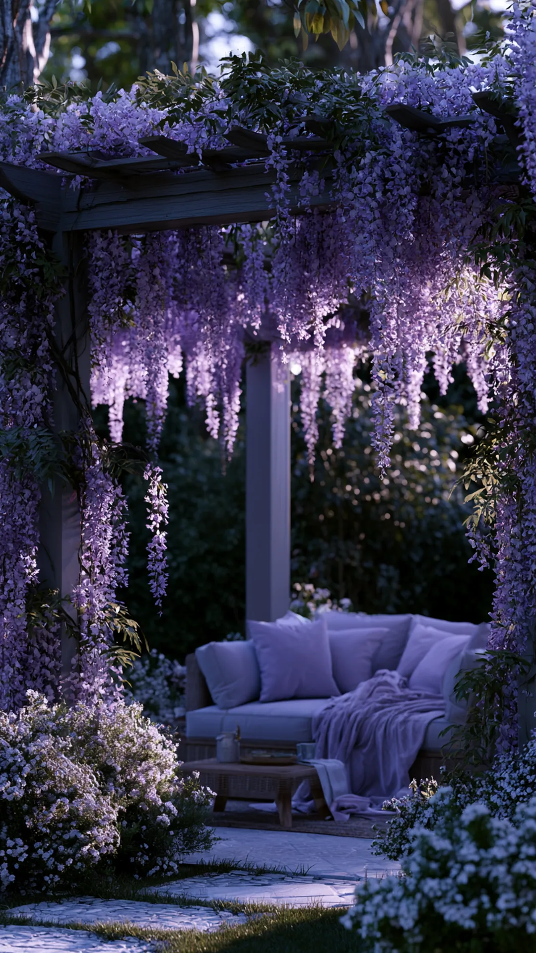 wisteria-covered pergola with purple spring blooms over a patio, photo 3 of 4