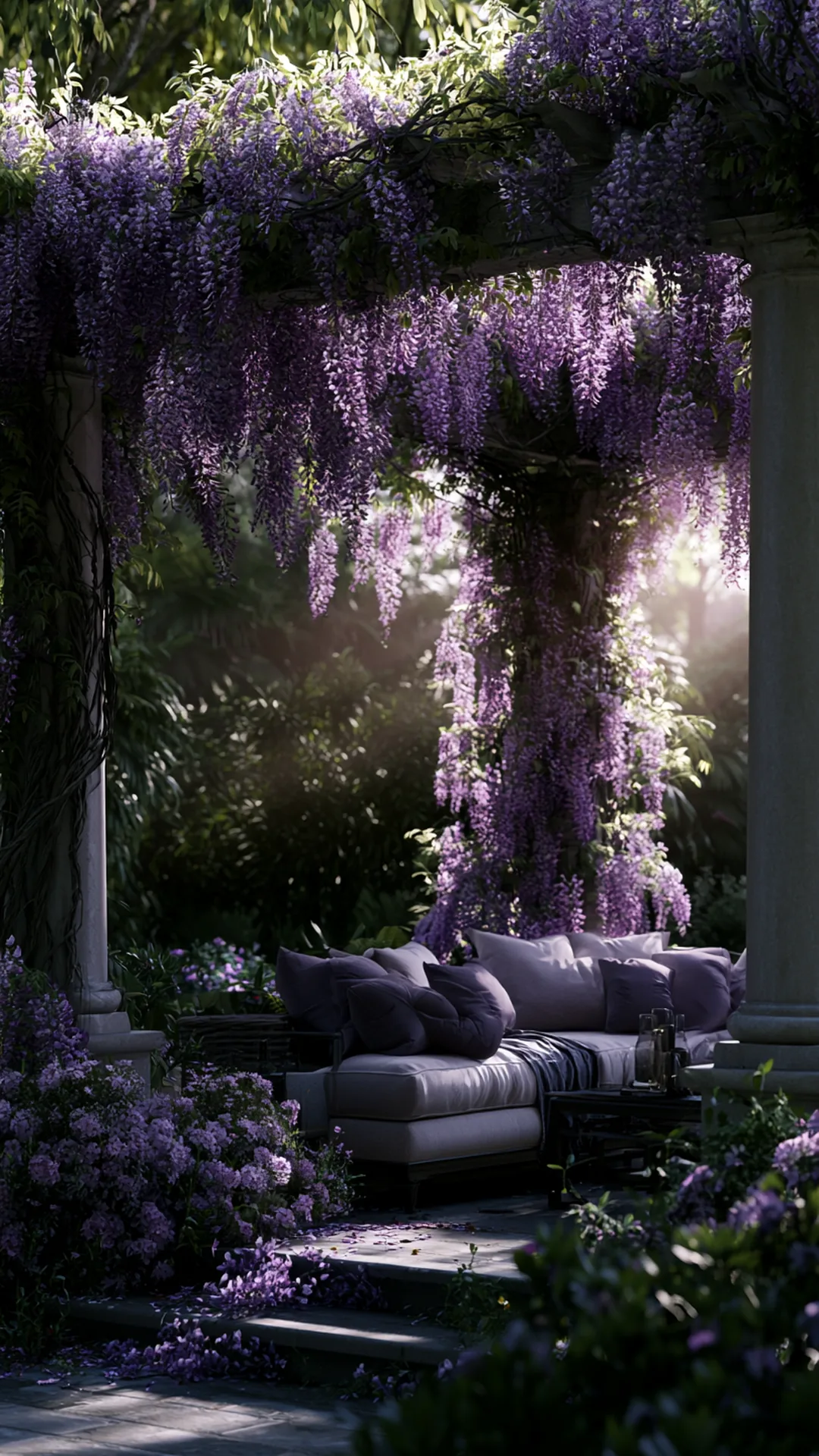wisteria-covered pergola with purple spring blooms over a patio, photo 4 of 4