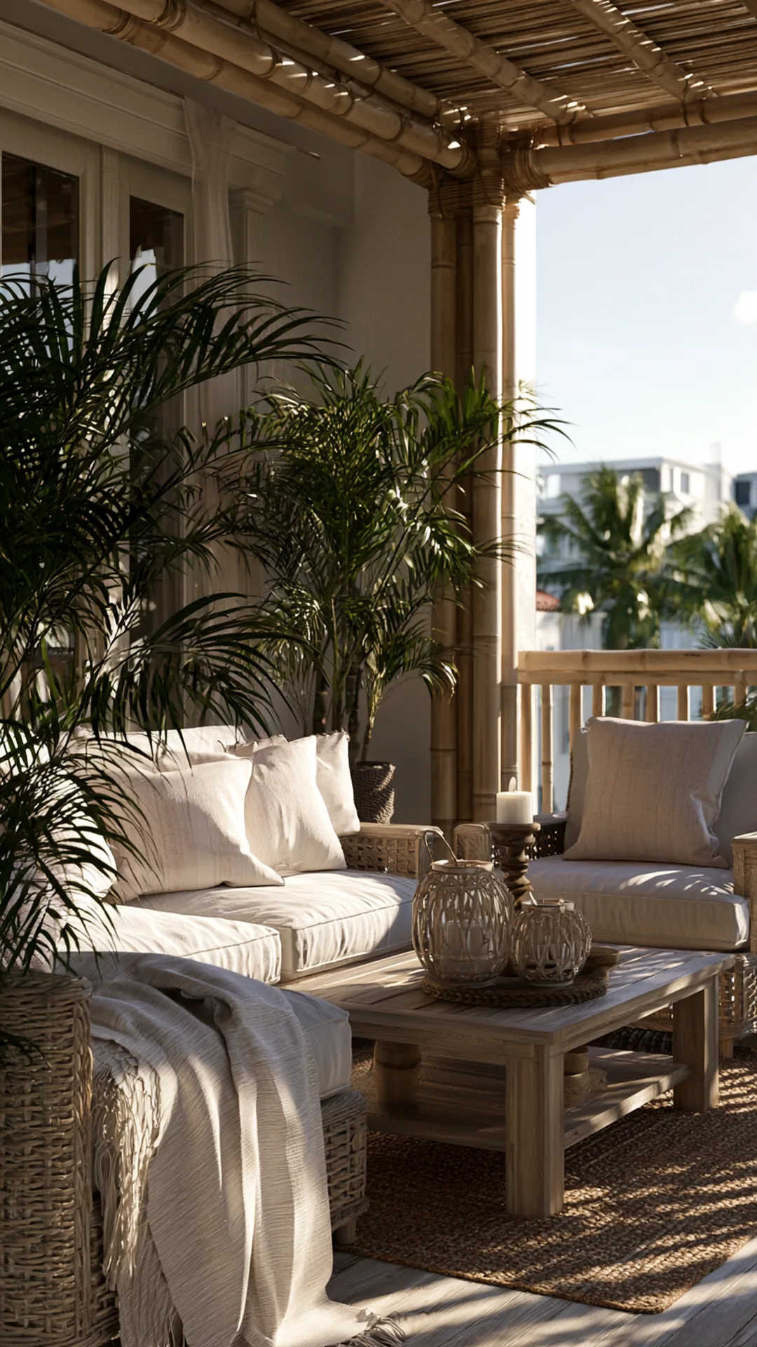 coastal bamboo pergola with linen cushions and potted palms, photo 1 of 4