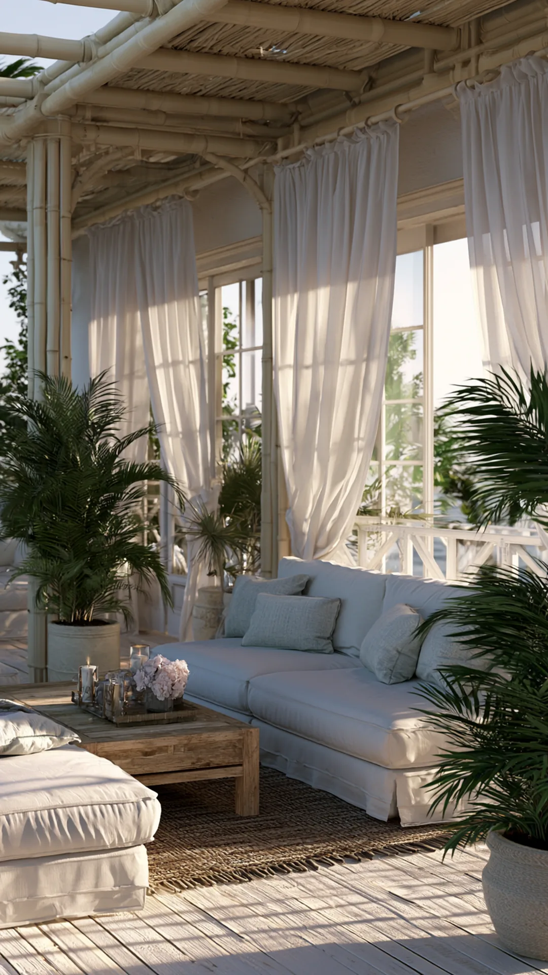 coastal bamboo pergola with linen cushions and potted palms, photo 2 of 4
