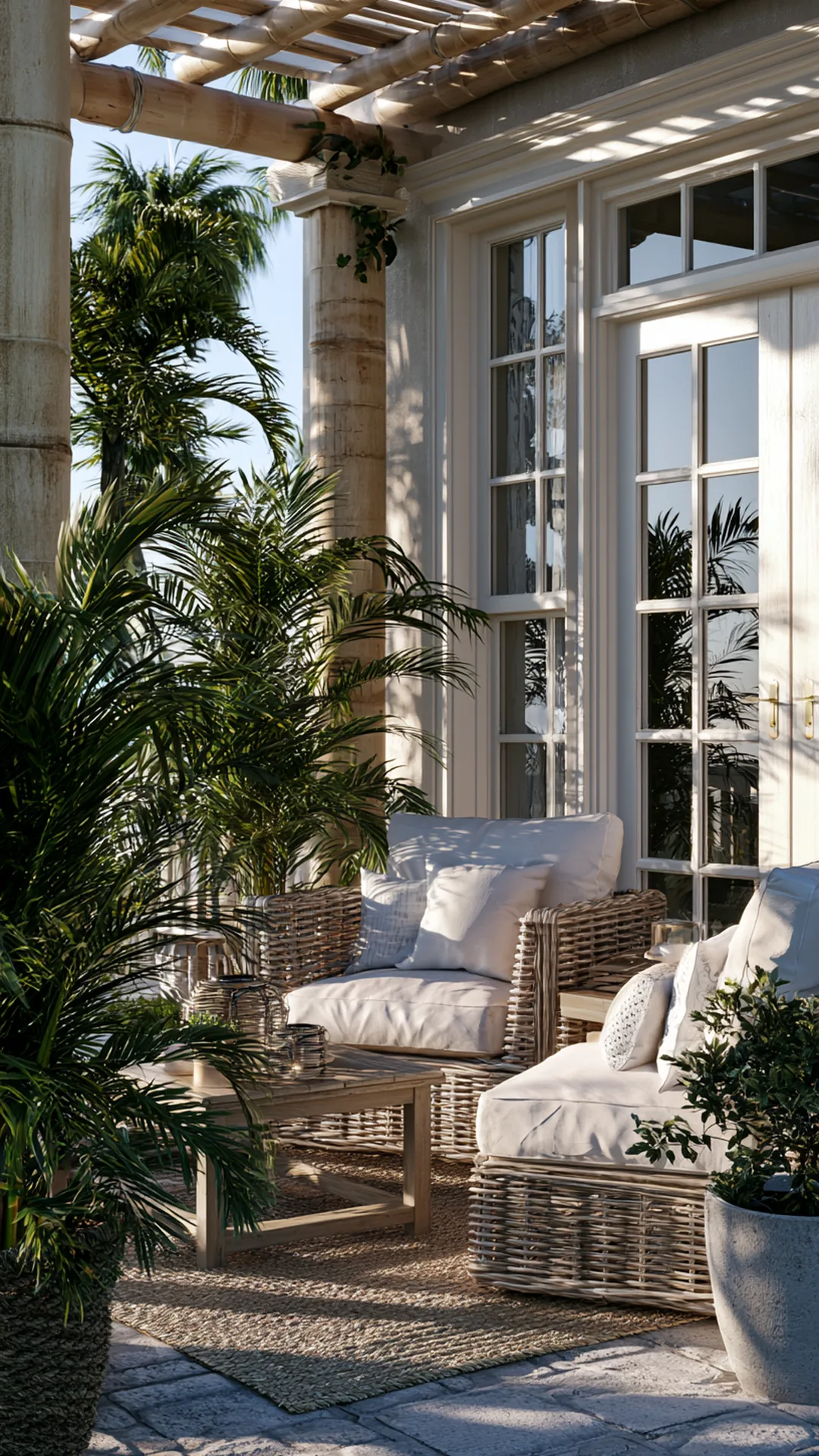 coastal bamboo pergola with linen cushions and potted palms, photo 3 of 4