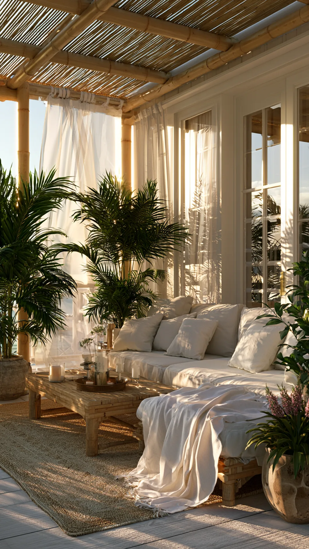 coastal bamboo pergola with linen cushions and potted palms, photo 4 of 4