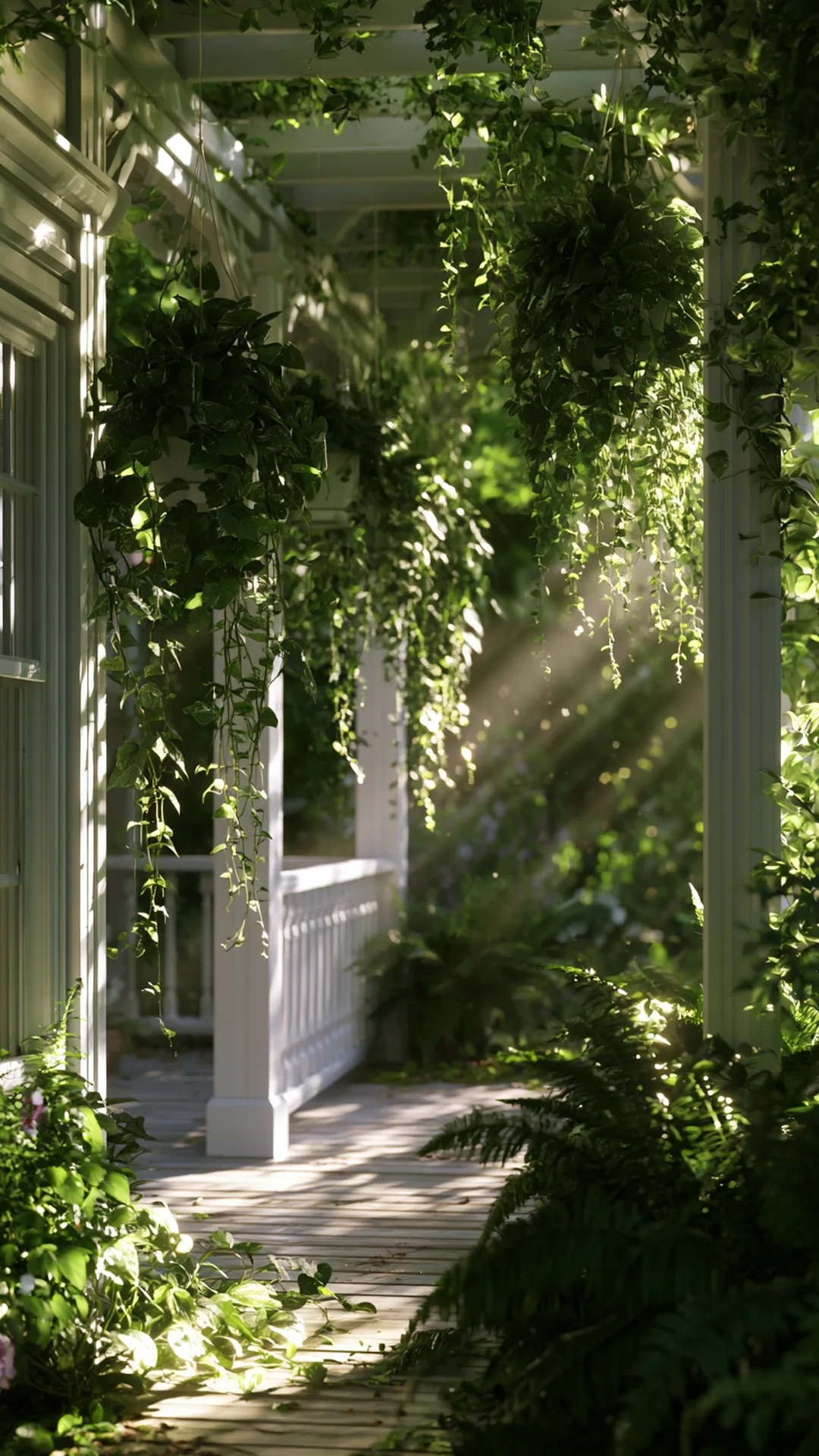 patio pergola with cascading trailing hanging planters, photo 1 of 4