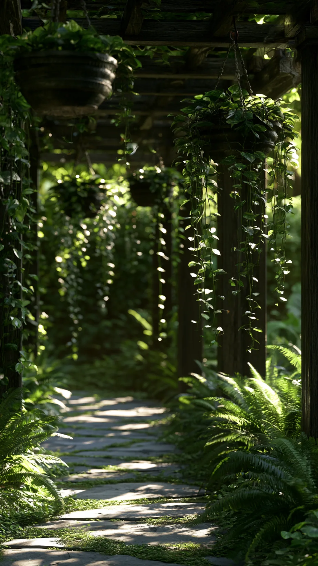 patio pergola with cascading trailing hanging planters, photo 2 of 4