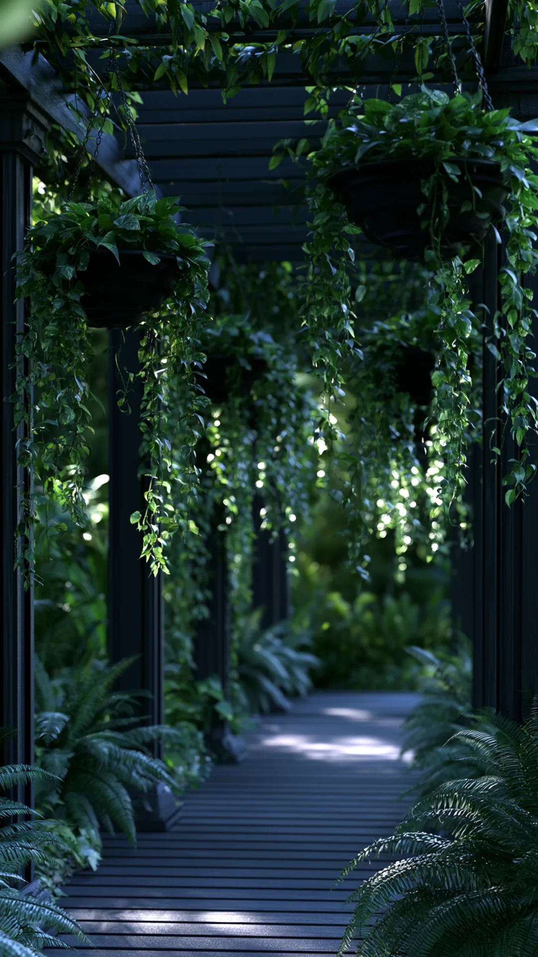 patio pergola with cascading trailing hanging planters, photo 3 of 4