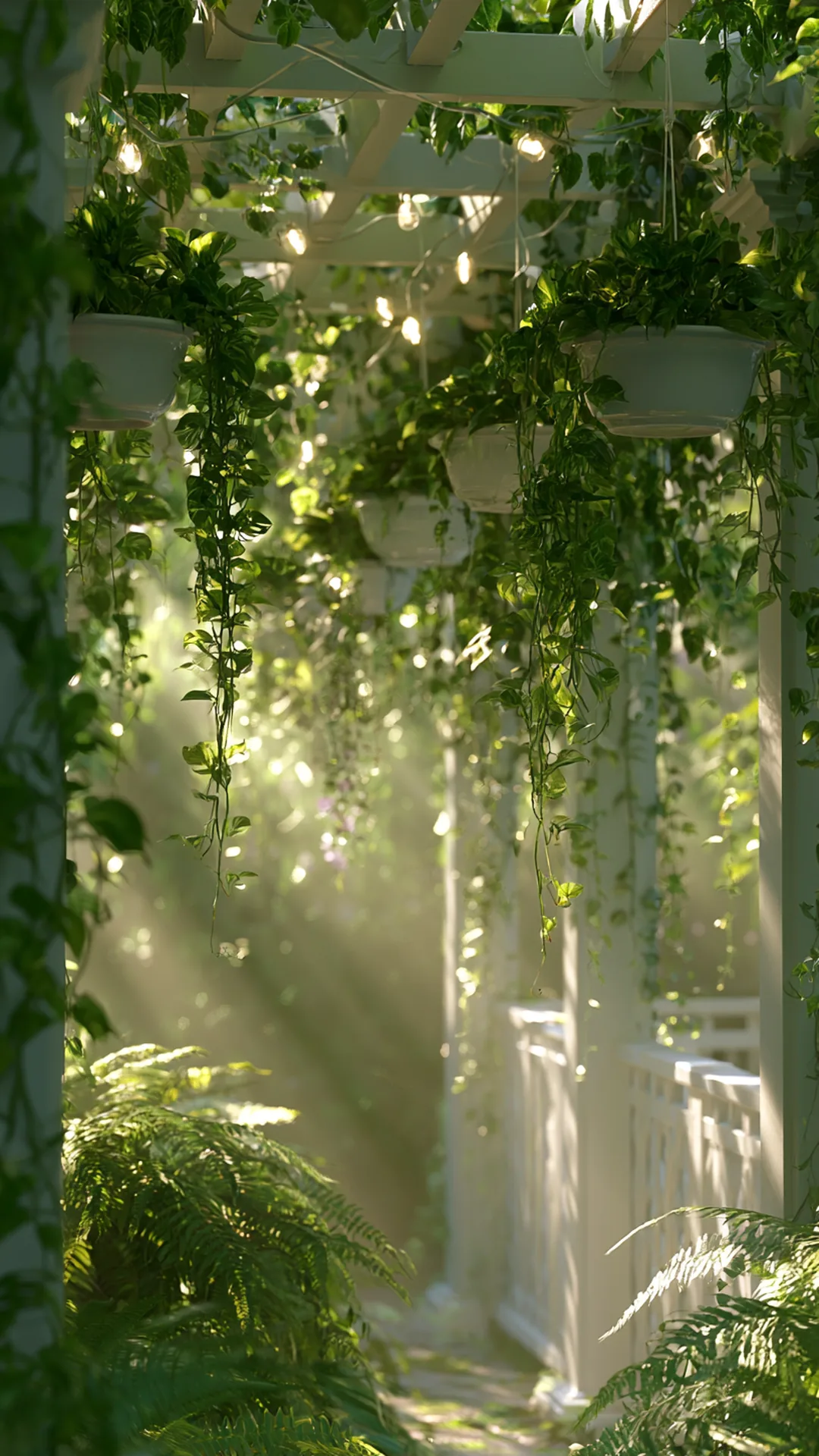 patio pergola with cascading trailing hanging planters, photo 4 of 4