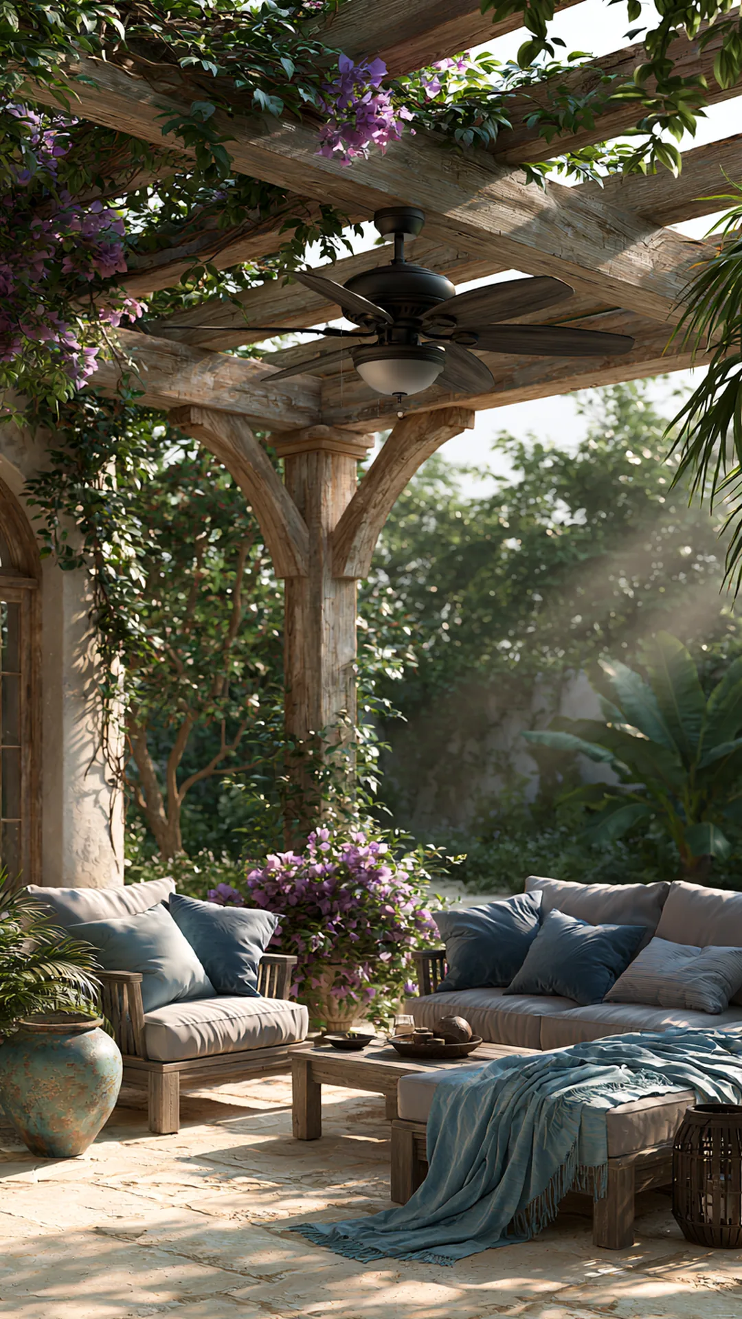 patio pergola with an outdoor ceiling fan over lounge seating, photo 1 of 4