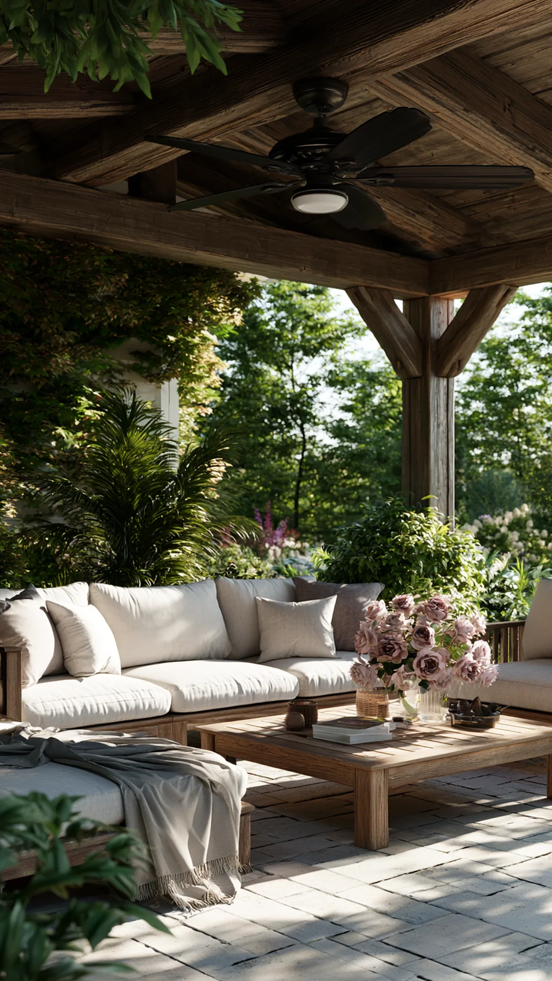 patio pergola with an outdoor ceiling fan over lounge seating, photo 2 of 4