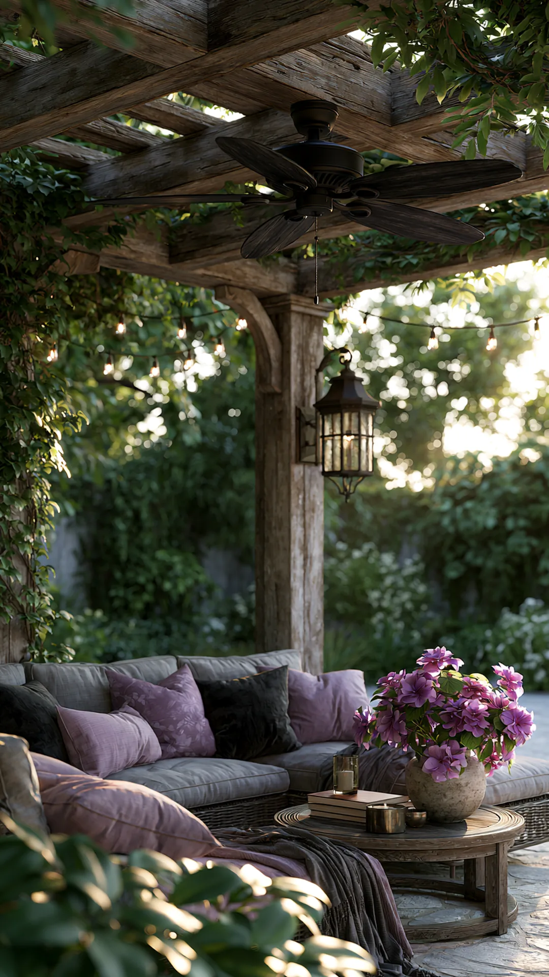 patio pergola with an outdoor ceiling fan over lounge seating, photo 3 of 4