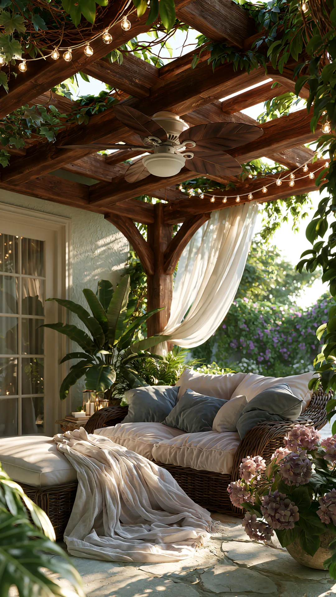 patio pergola with an outdoor ceiling fan over lounge seating, photo 4 of 4
