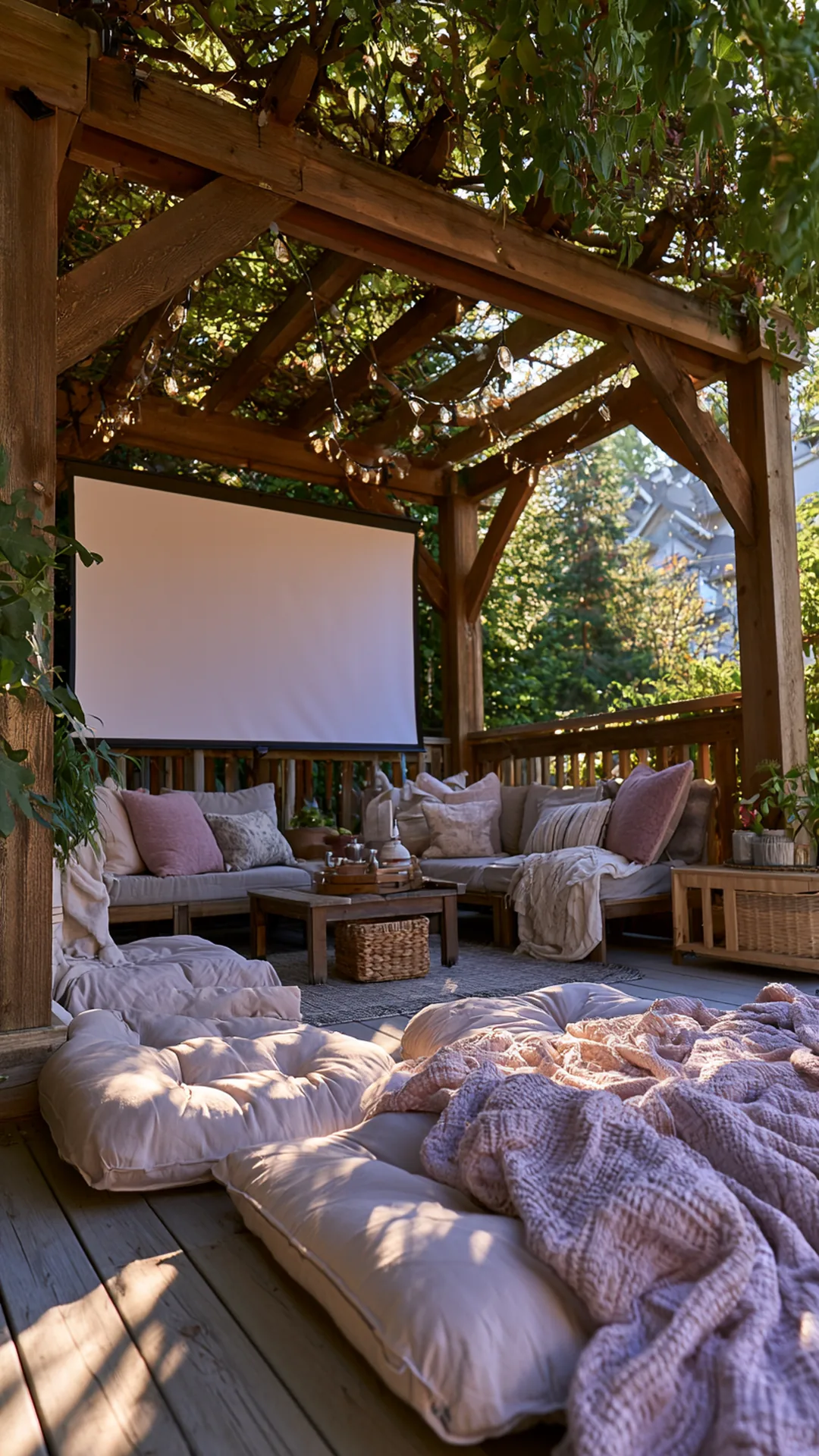 backyard movie-night pergola with a roll-down projector screen, photo 1 of 4
