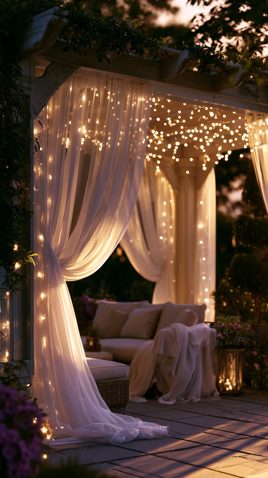 pergola wrapped in sheer white curtains and warm string lights, photo 1 of 4