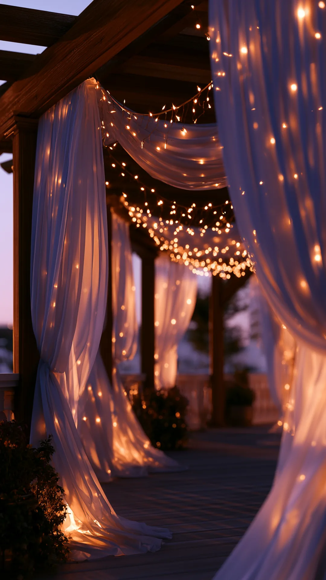 pergola wrapped in sheer white curtains and warm string lights, photo 2 of 4