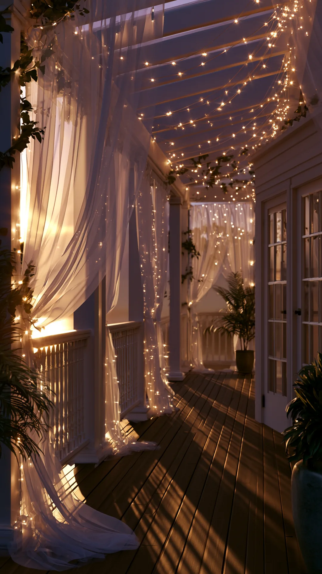 pergola wrapped in sheer white curtains and warm string lights, photo 3 of 4