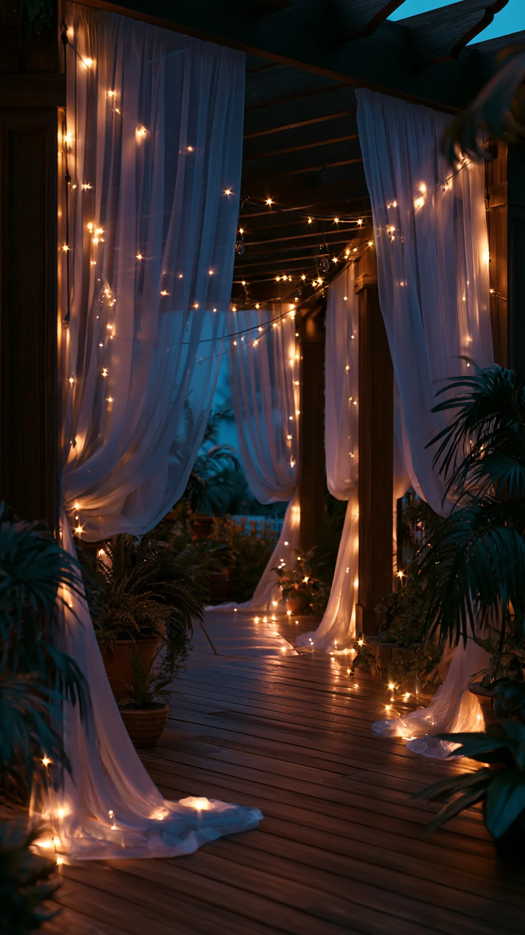 pergola wrapped in sheer white curtains and warm string lights, photo 4 of 4