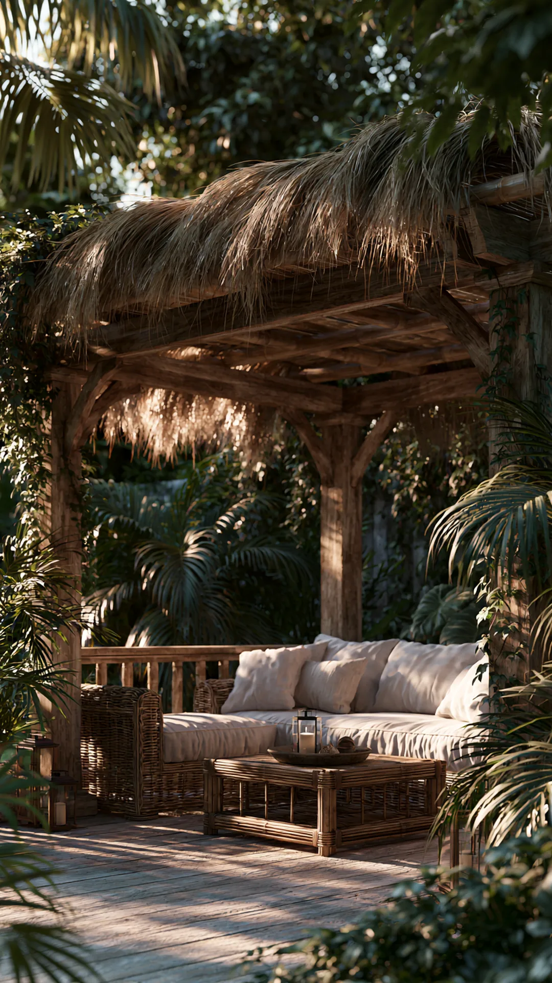 thatched-roof pergola with rattan seating for a tropical feel, photo 1 of 4