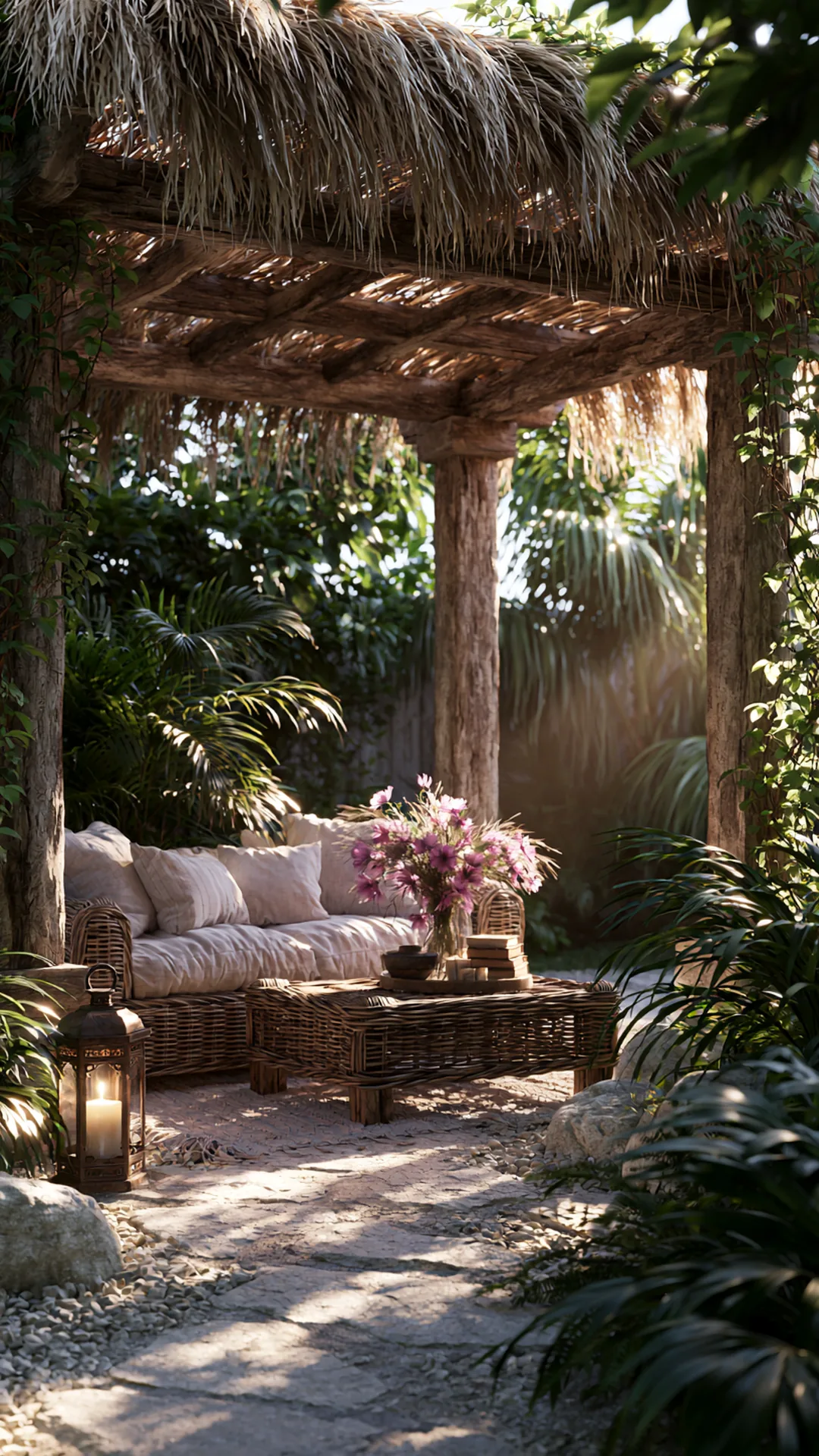 thatched-roof pergola with rattan seating for a tropical feel, photo 2 of 4