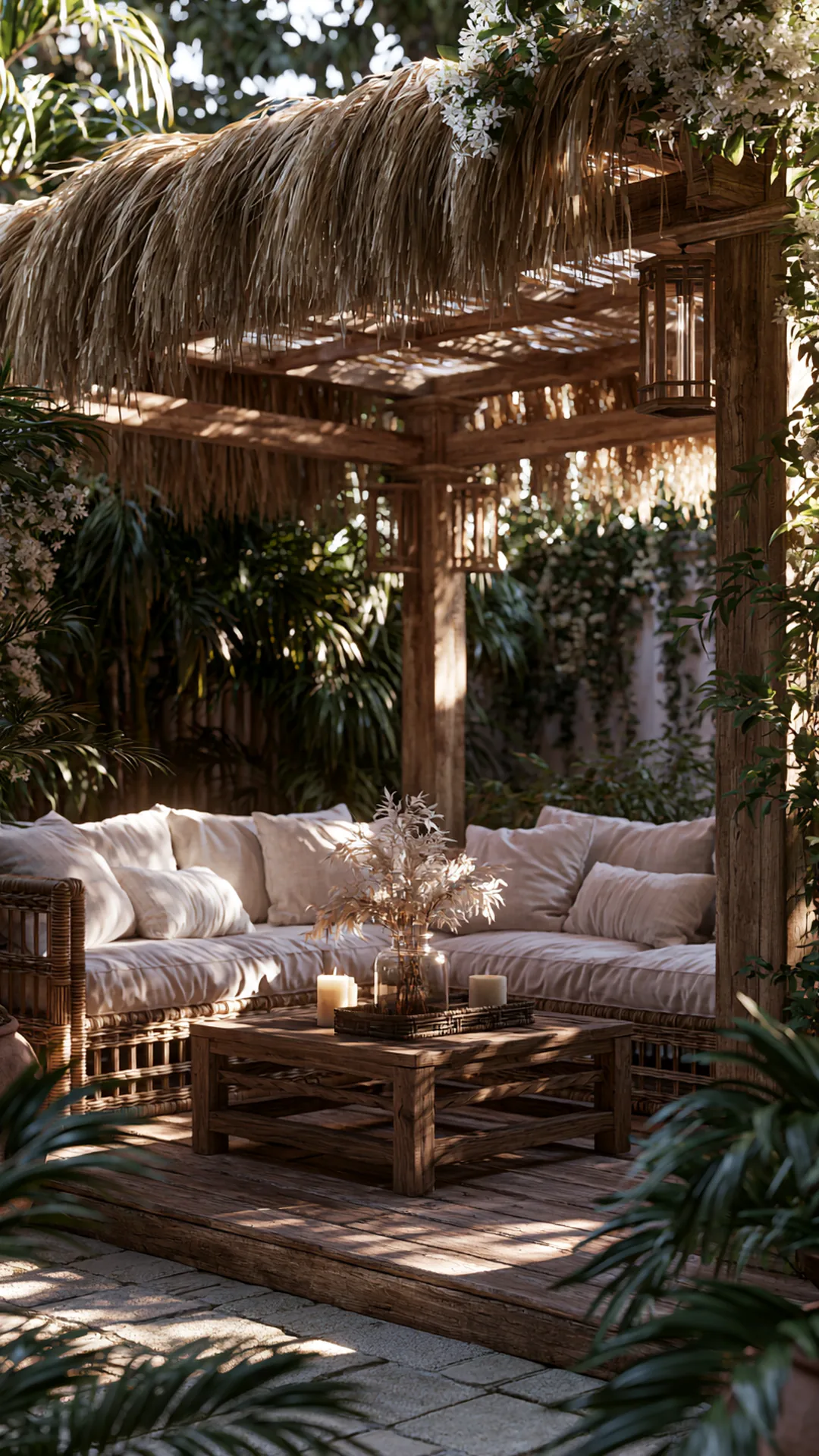 thatched-roof pergola with rattan seating for a tropical feel, photo 3 of 4