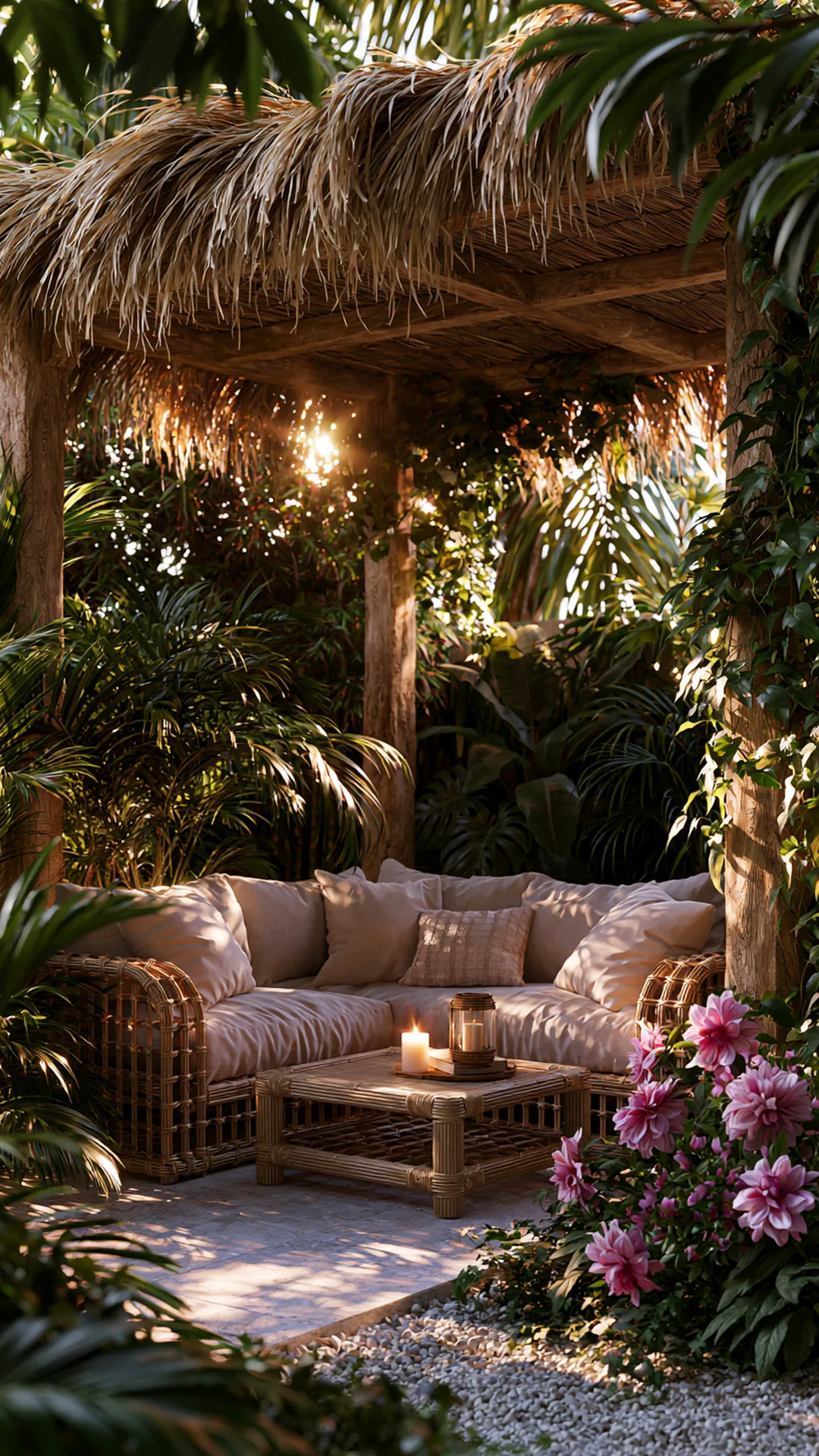 thatched-roof pergola with rattan seating for a tropical feel, photo 4 of 4
