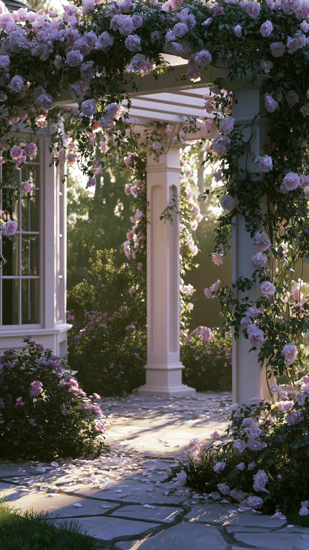 climbing-rose pergola over a cottage garden patio, photo 1 of 4
