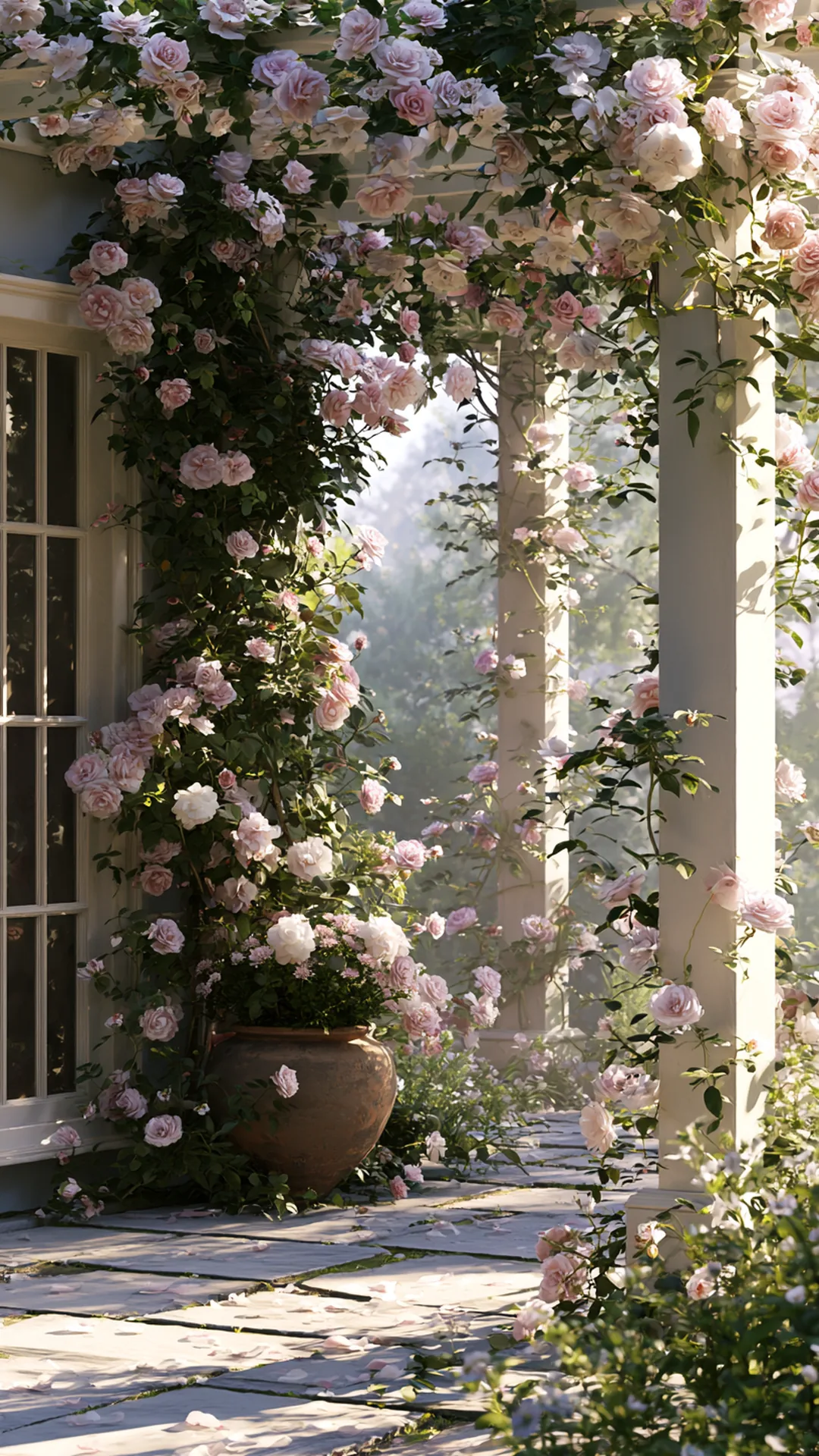 climbing-rose pergola over a cottage garden patio, photo 2 of 4