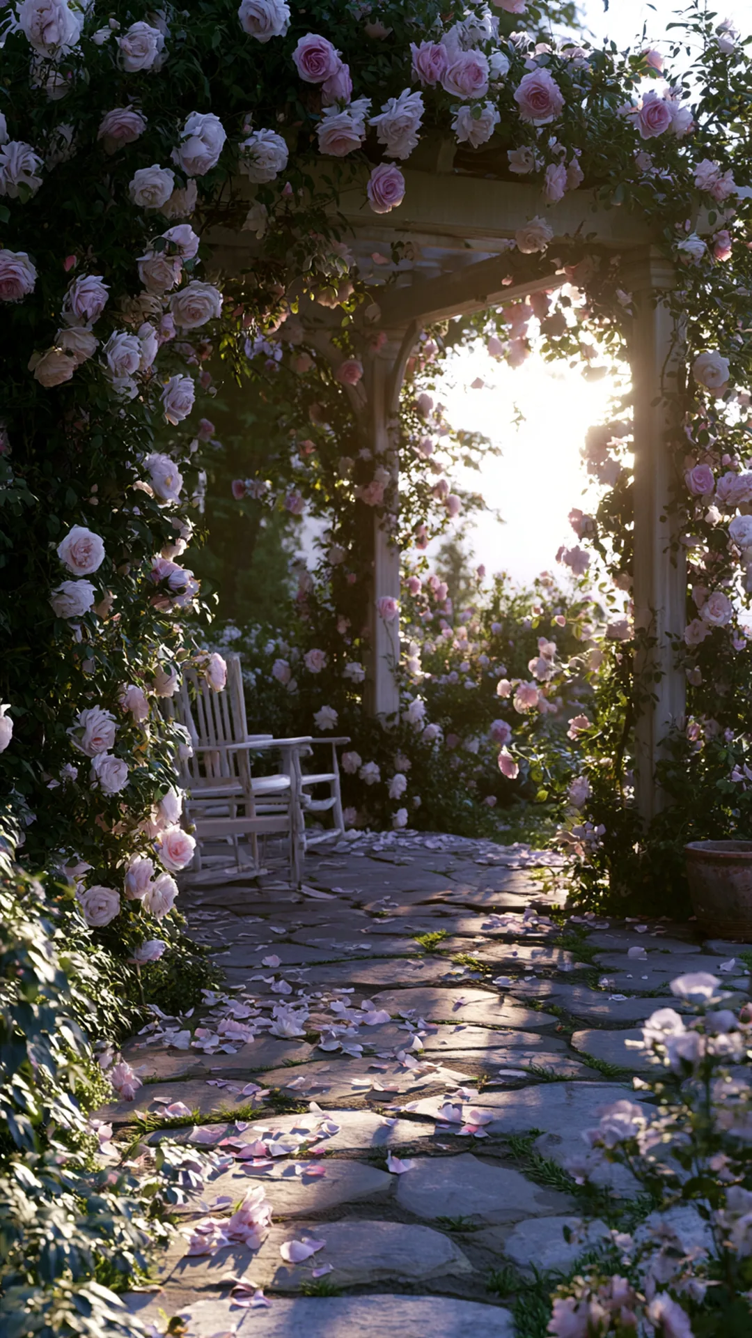 climbing-rose pergola over a cottage garden patio, photo 3 of 4