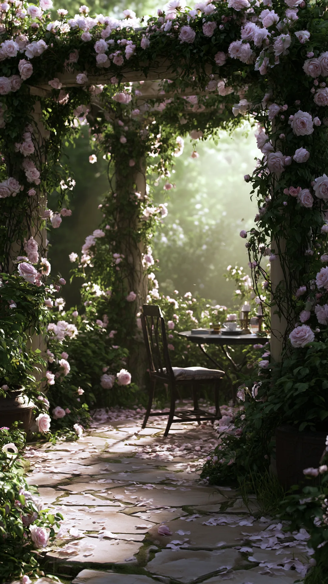 climbing-rose pergola over a cottage garden patio, photo 4 of 4