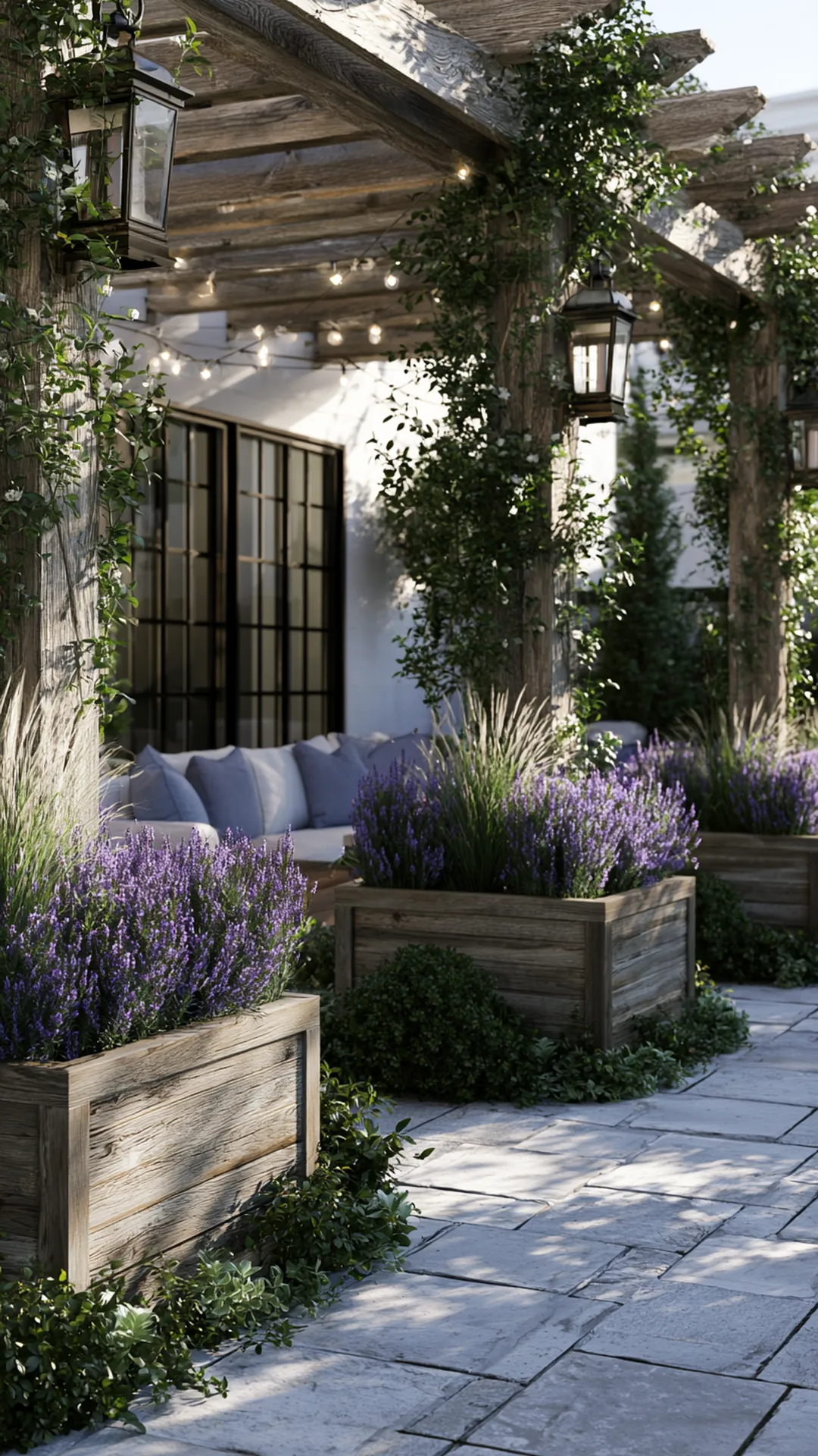 patio pergola framed by built-in wooden planter boxes, photo 1 of 4