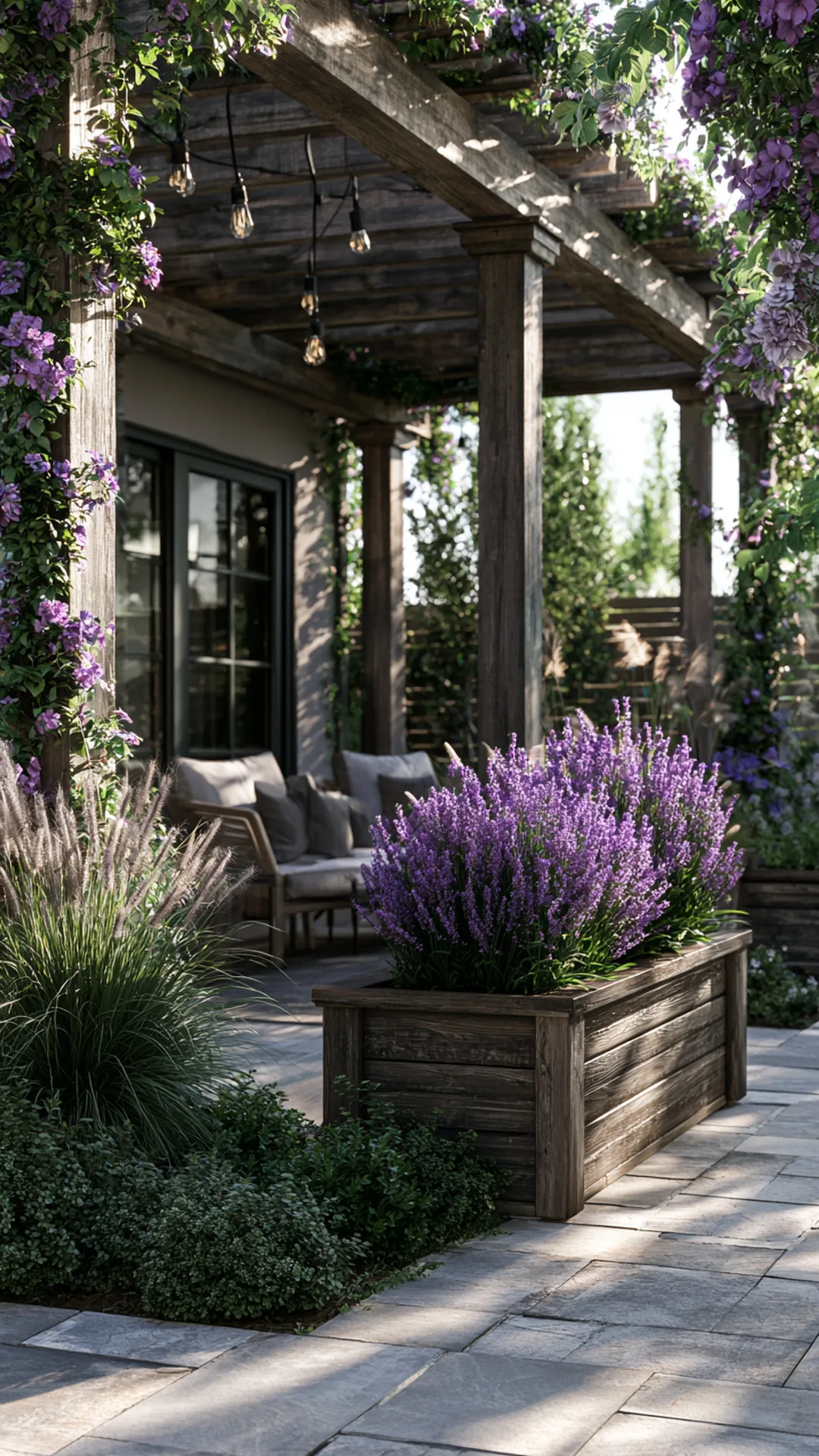patio pergola framed by built-in wooden planter boxes, photo 4 of 4