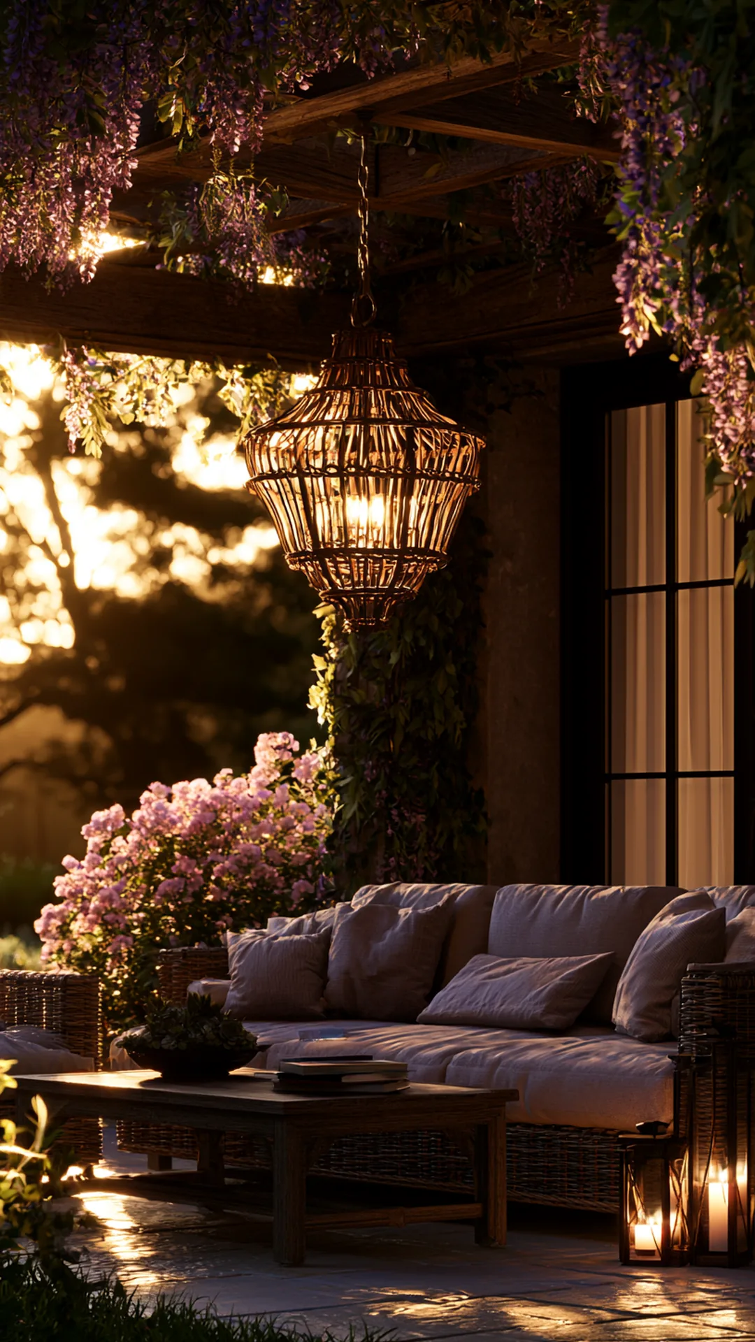patio pergola with a hanging weatherproof outdoor chandelier, photo 1 of 4
