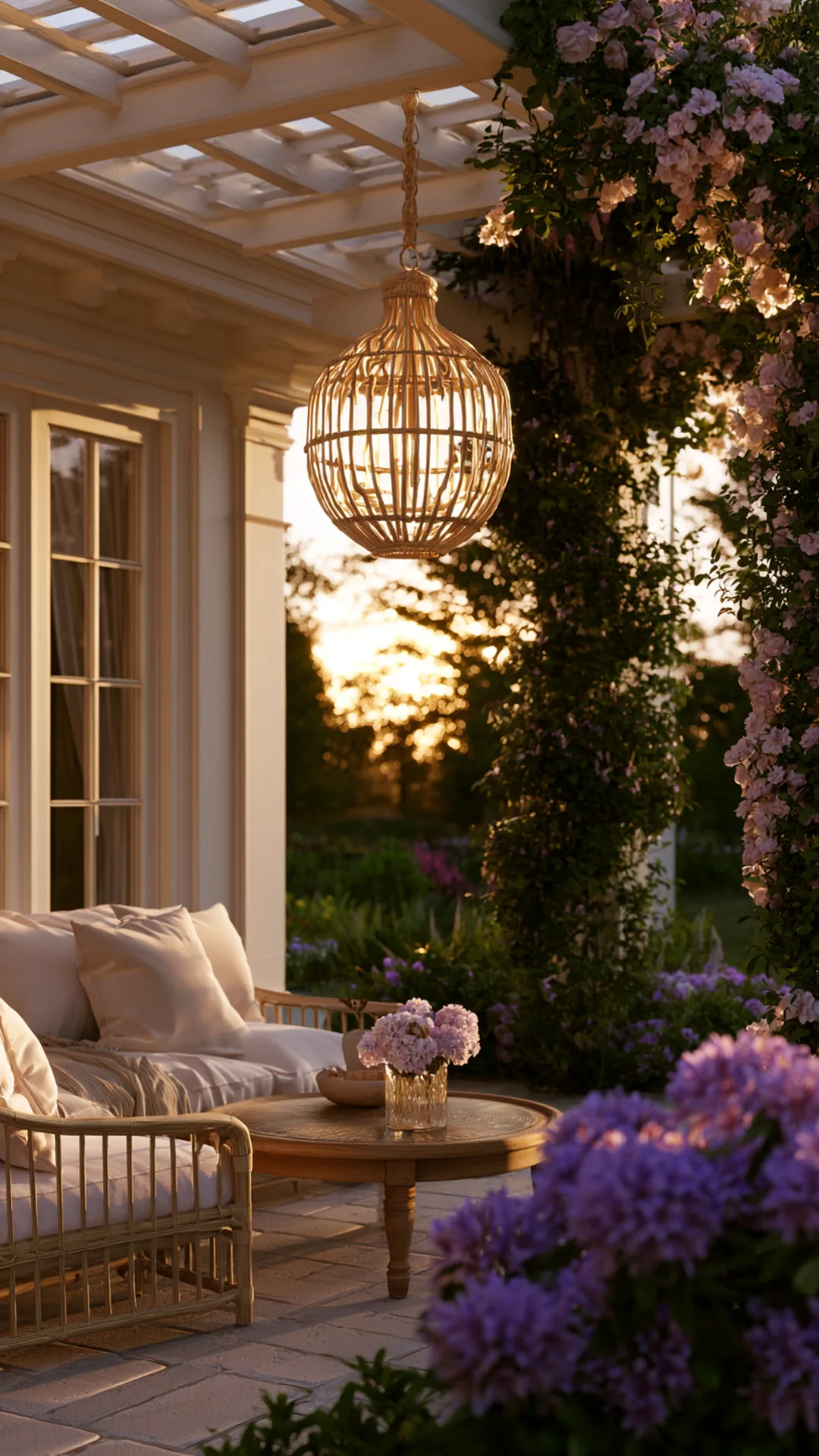 patio pergola with a hanging weatherproof outdoor chandelier, photo 2 of 4