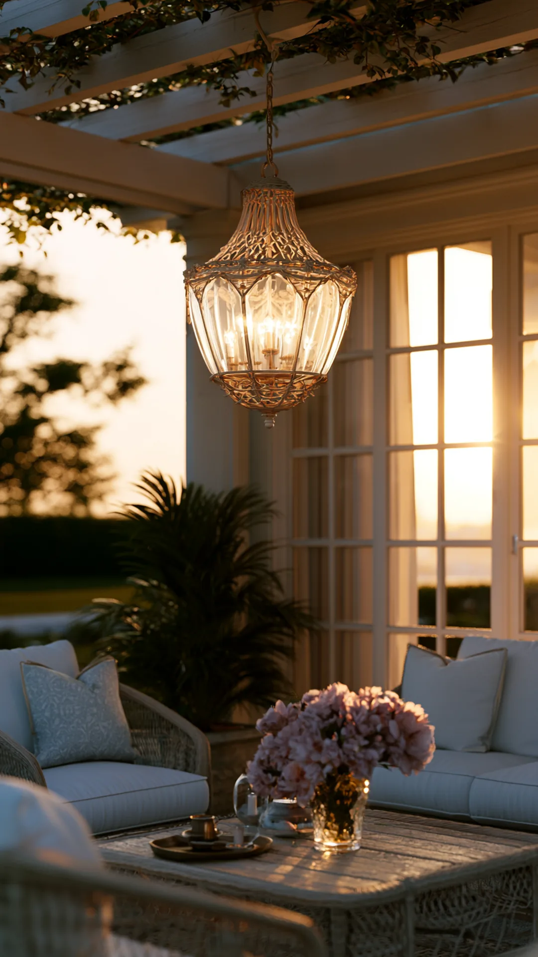 patio pergola with a hanging weatherproof outdoor chandelier, photo 3 of 4