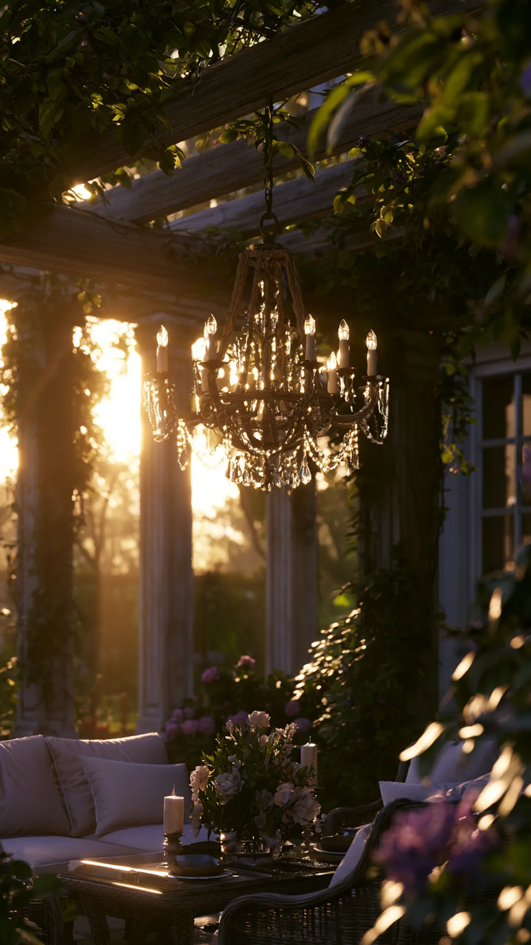 patio pergola with a hanging weatherproof outdoor chandelier, photo 4 of 4