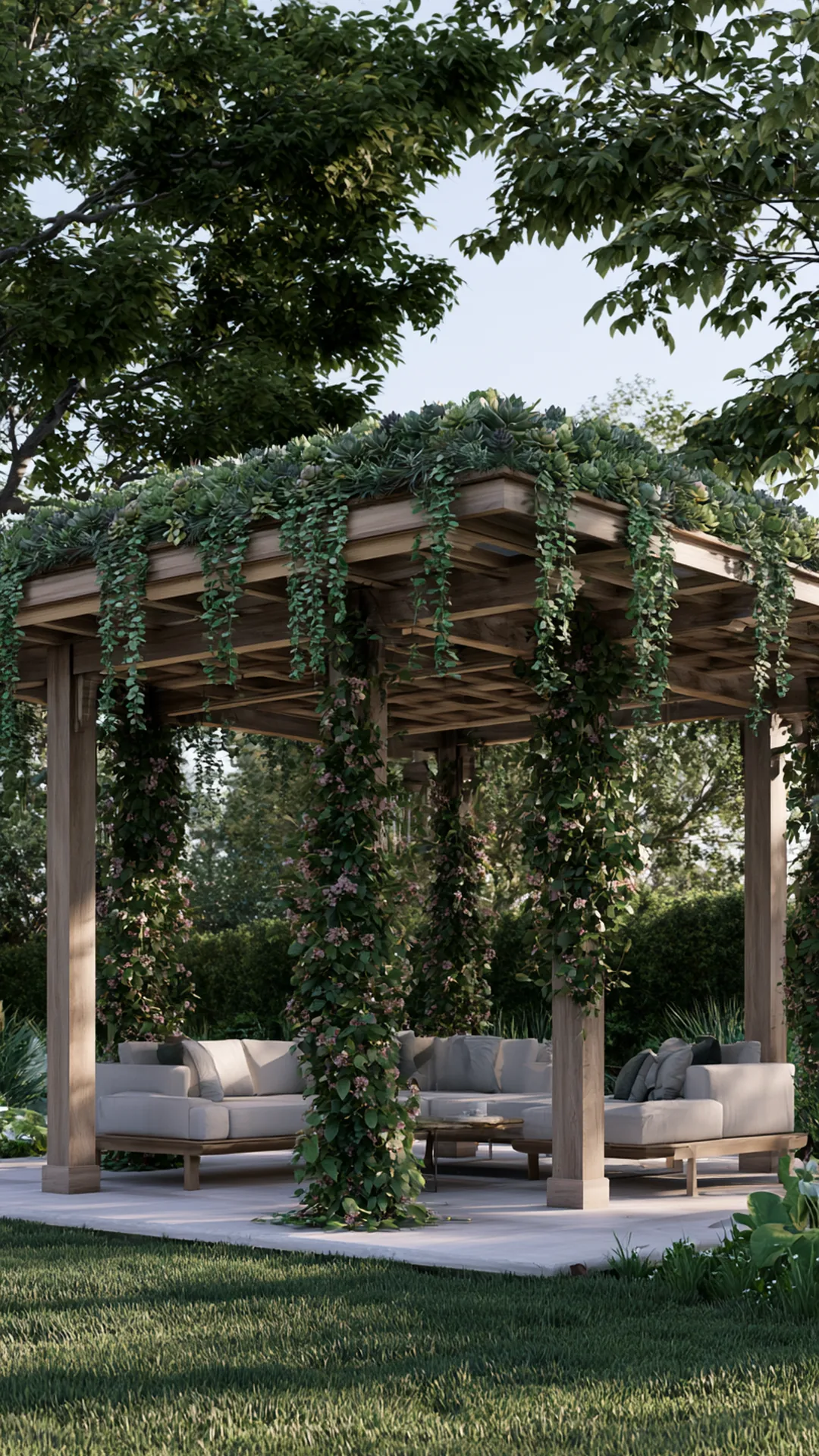 modern minimalist pergola with a living succulent green roof, photo 1 of 4