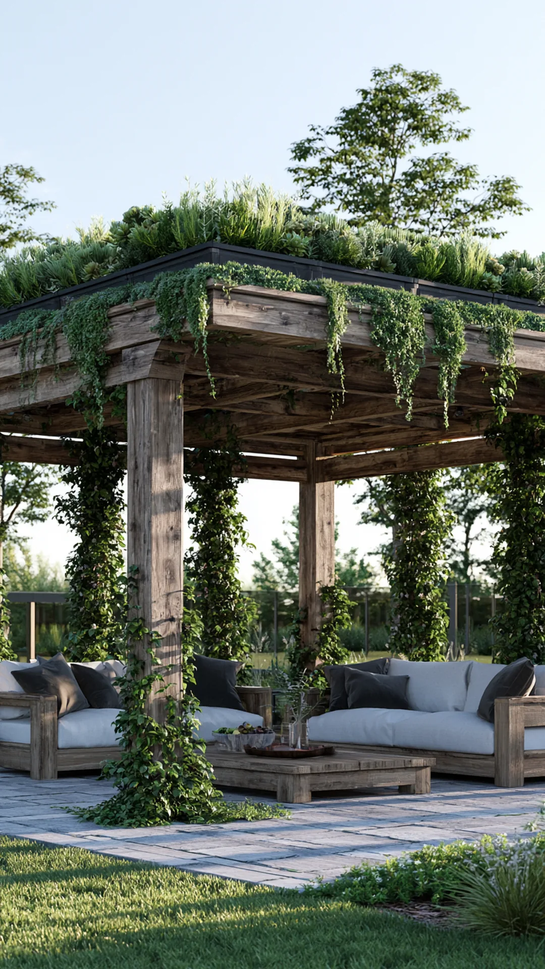 modern minimalist pergola with a living succulent green roof, photo 2 of 4