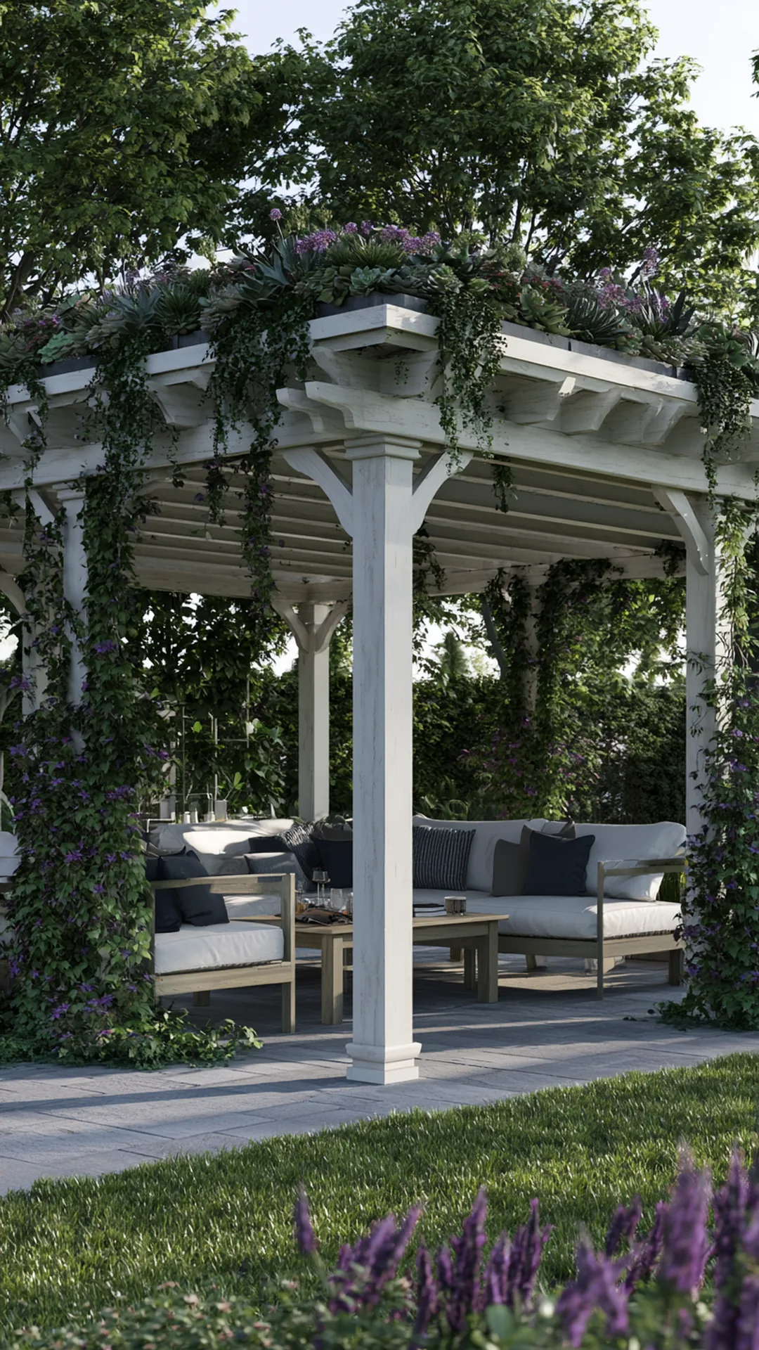 modern minimalist pergola with a living succulent green roof, photo 3 of 4