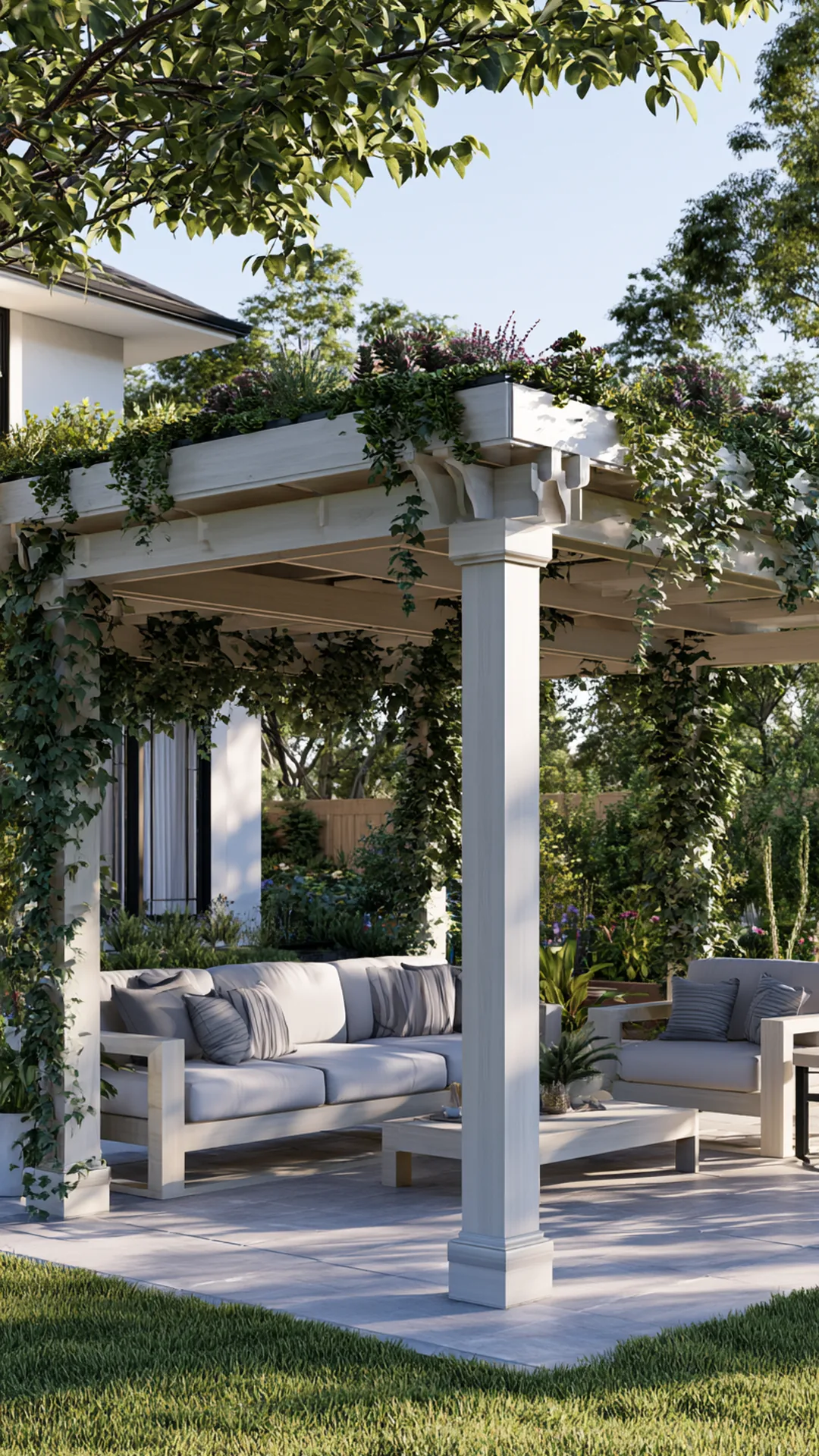 modern minimalist pergola with a living succulent green roof, photo 4 of 4