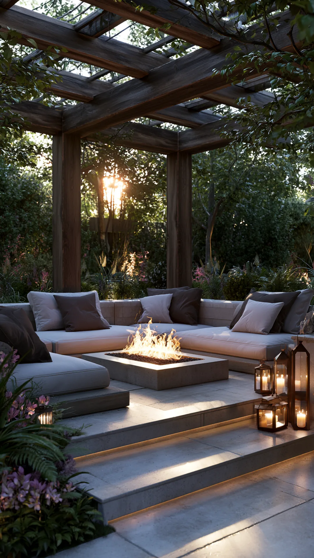 pergola over a sunken conversation pit with built-in benches, photo 1 of 4