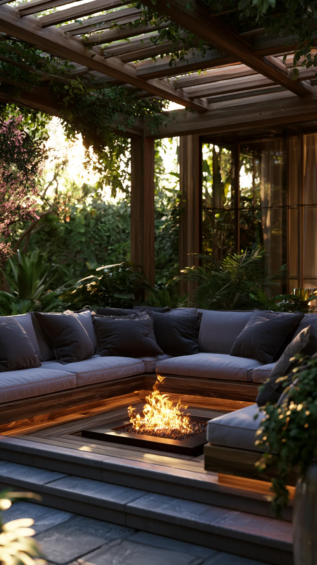 pergola over a sunken conversation pit with built-in benches, photo 2 of 4