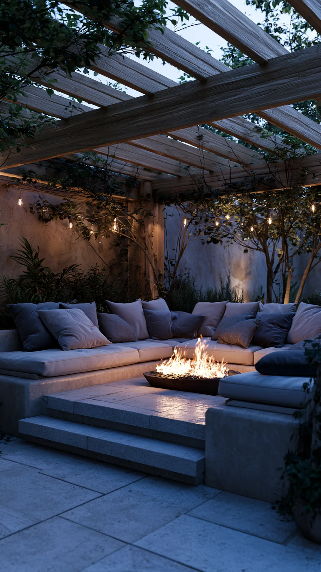 pergola over a sunken conversation pit with built-in benches, photo 3 of 4