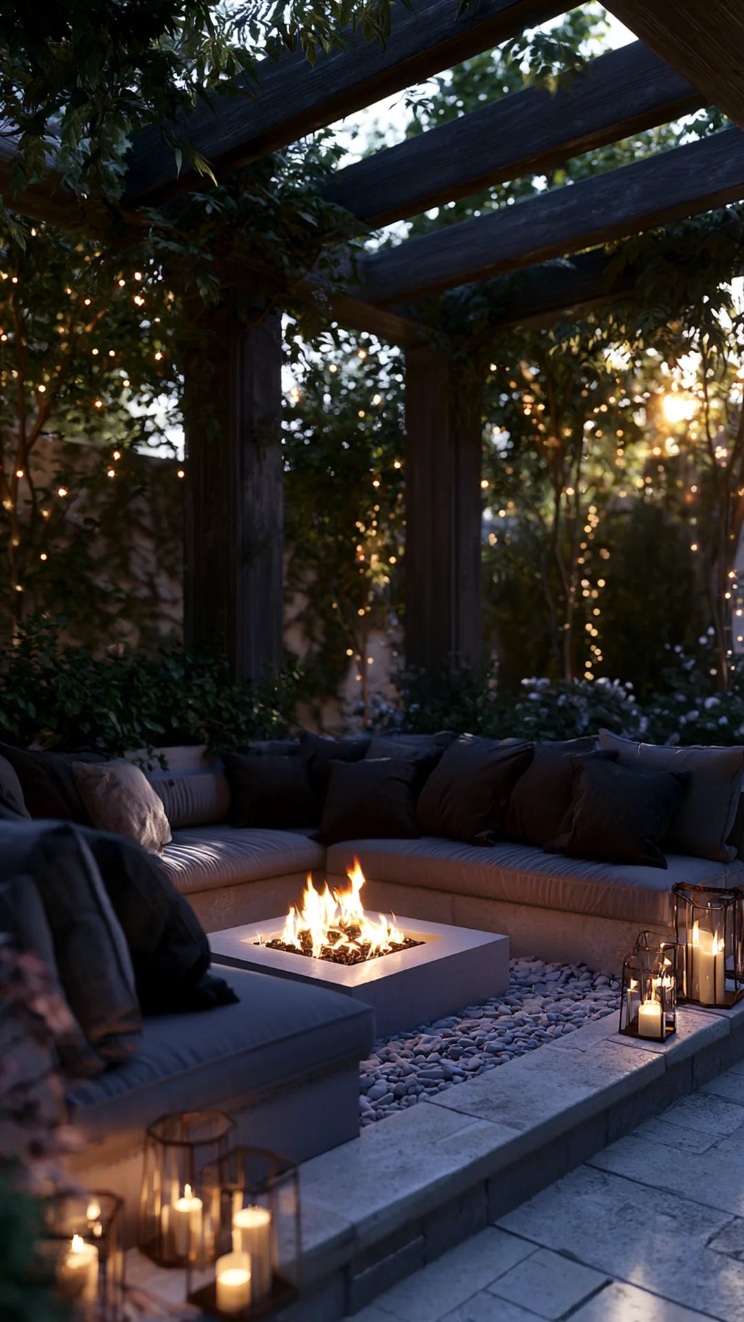 pergola over a sunken conversation pit with built-in benches, photo 4 of 4