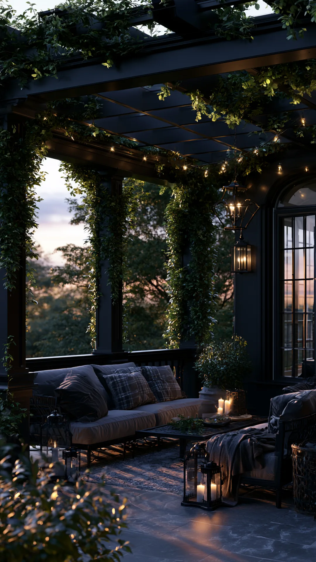 bold charcoal-painted pergola with climbing green vines, photo 1 of 4