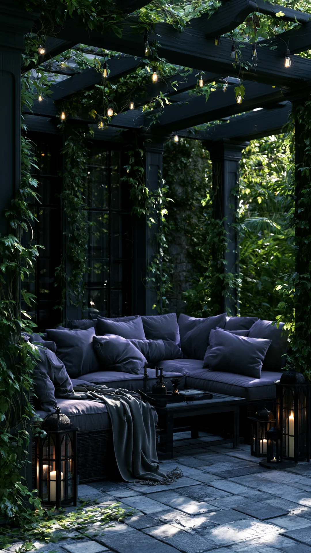 bold charcoal-painted pergola with climbing green vines, photo 2 of 4